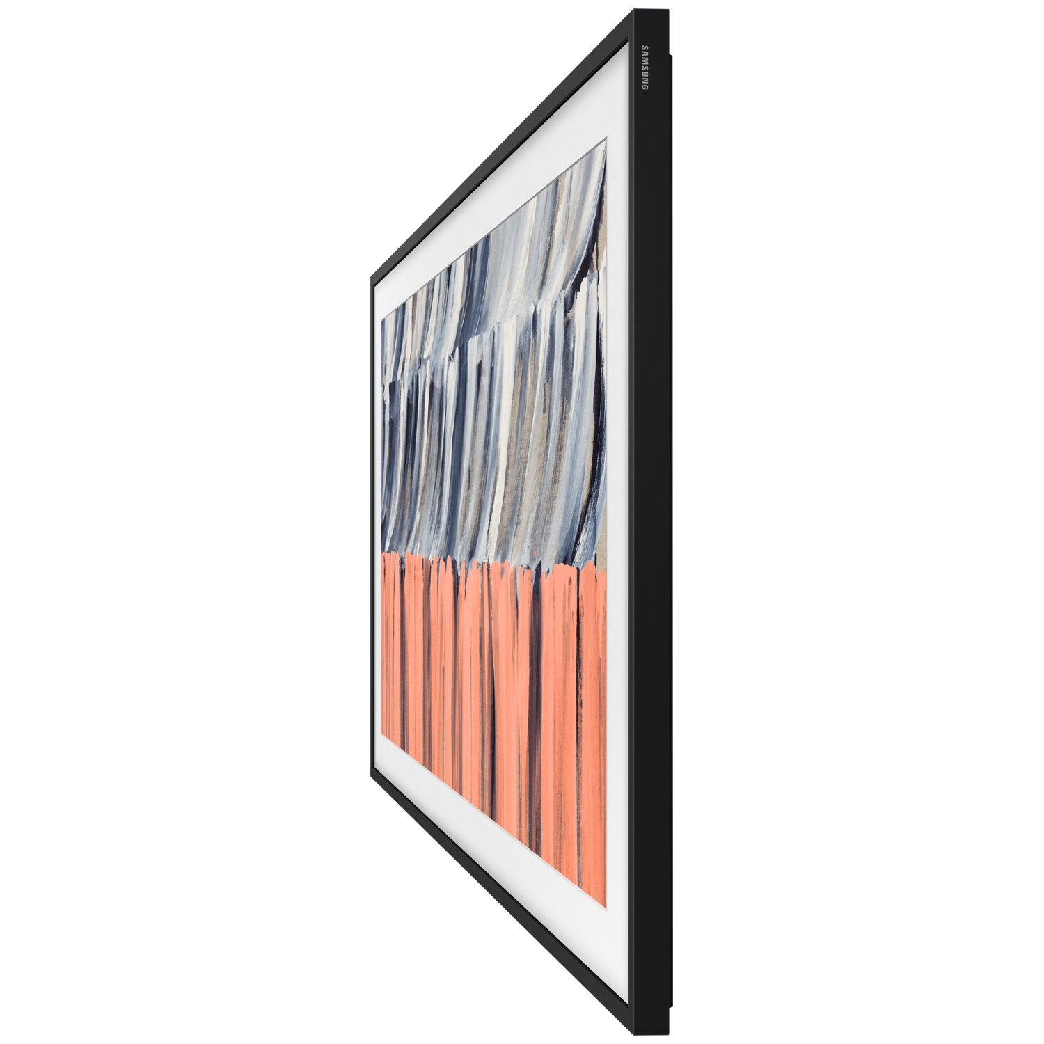 A Samsung TV displaying an abstract artwork in orange and blue hues.