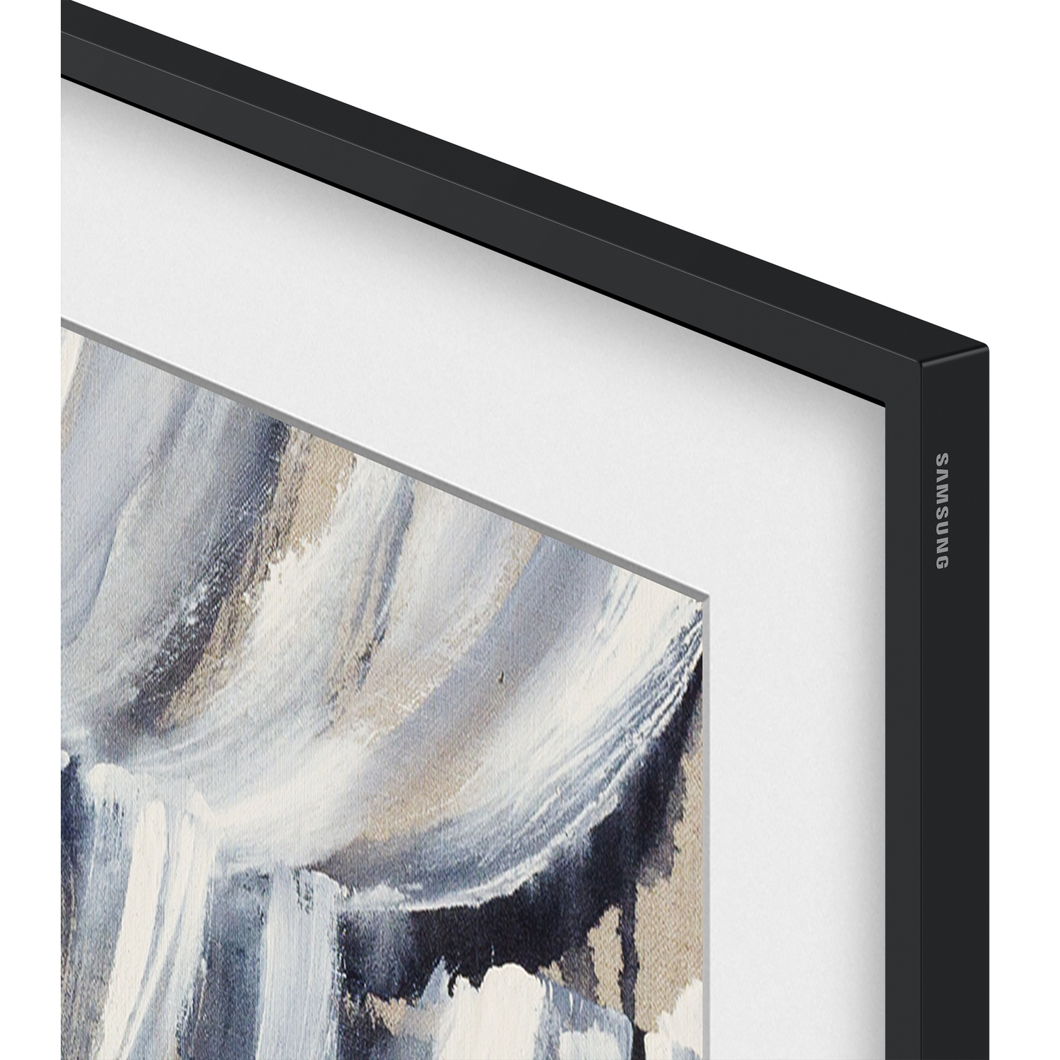 A black Samsung TV displays an abstract painting in blue, gray, and beige tones.
