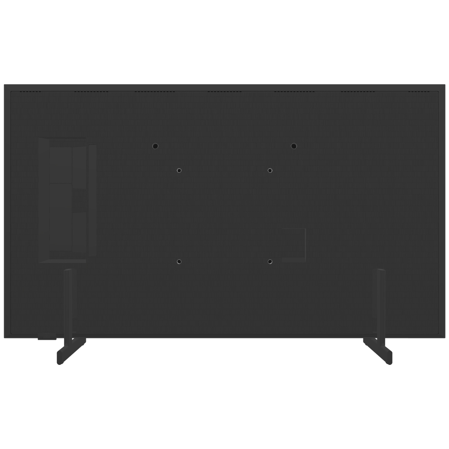 Back of a black television with two stand legs.