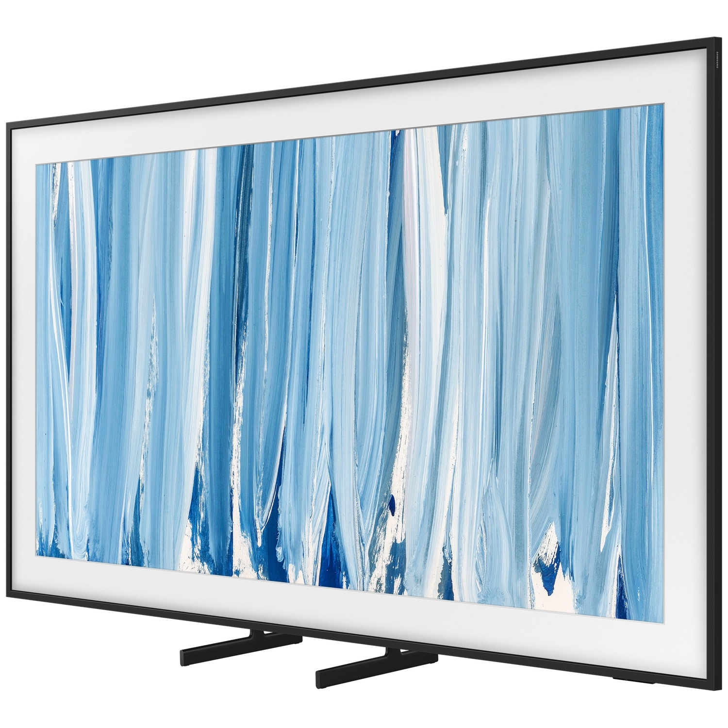 A black television displaying an abstract blue and white painting on its screen.