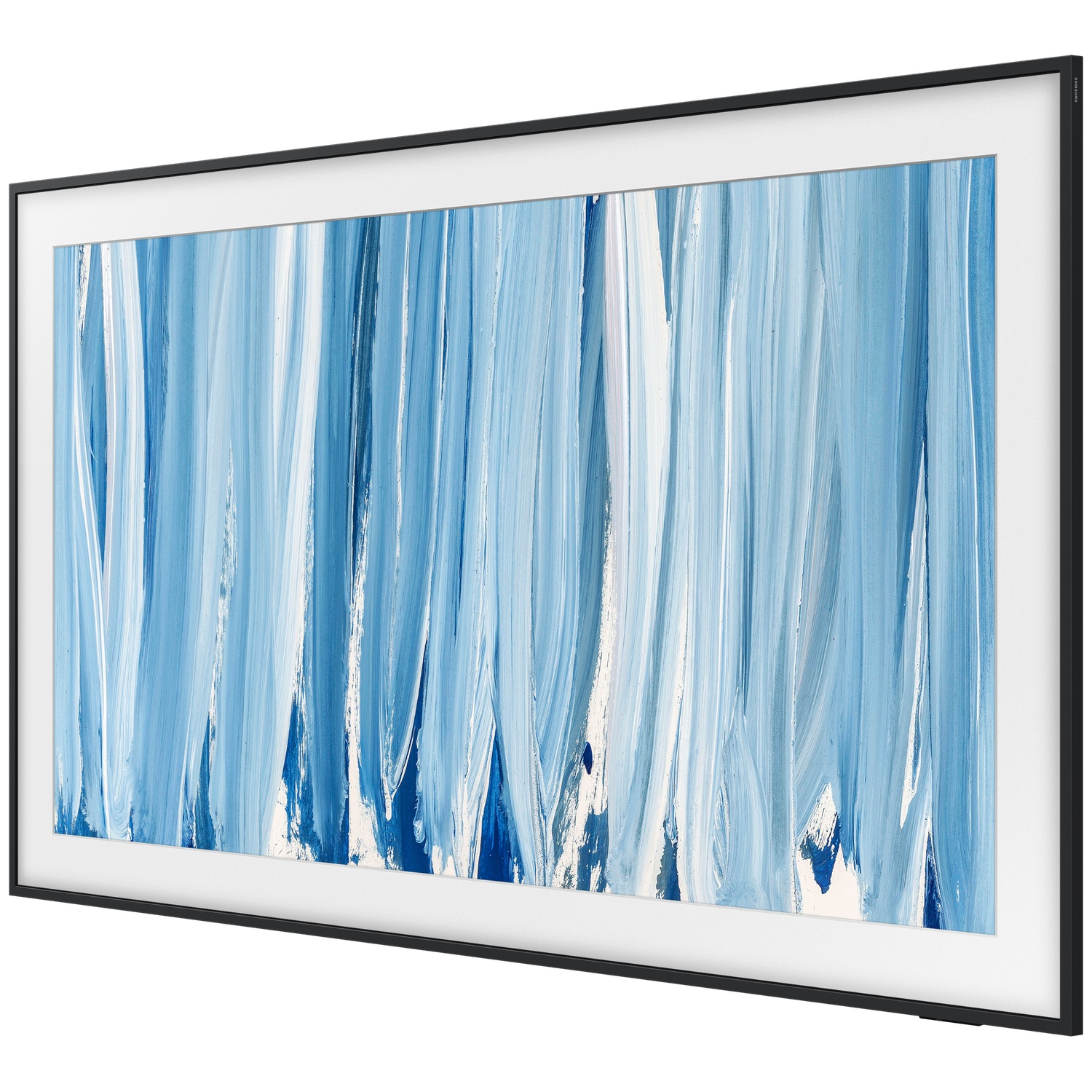 A modern television displaying an abstract painting with blue and white brushstrokes.