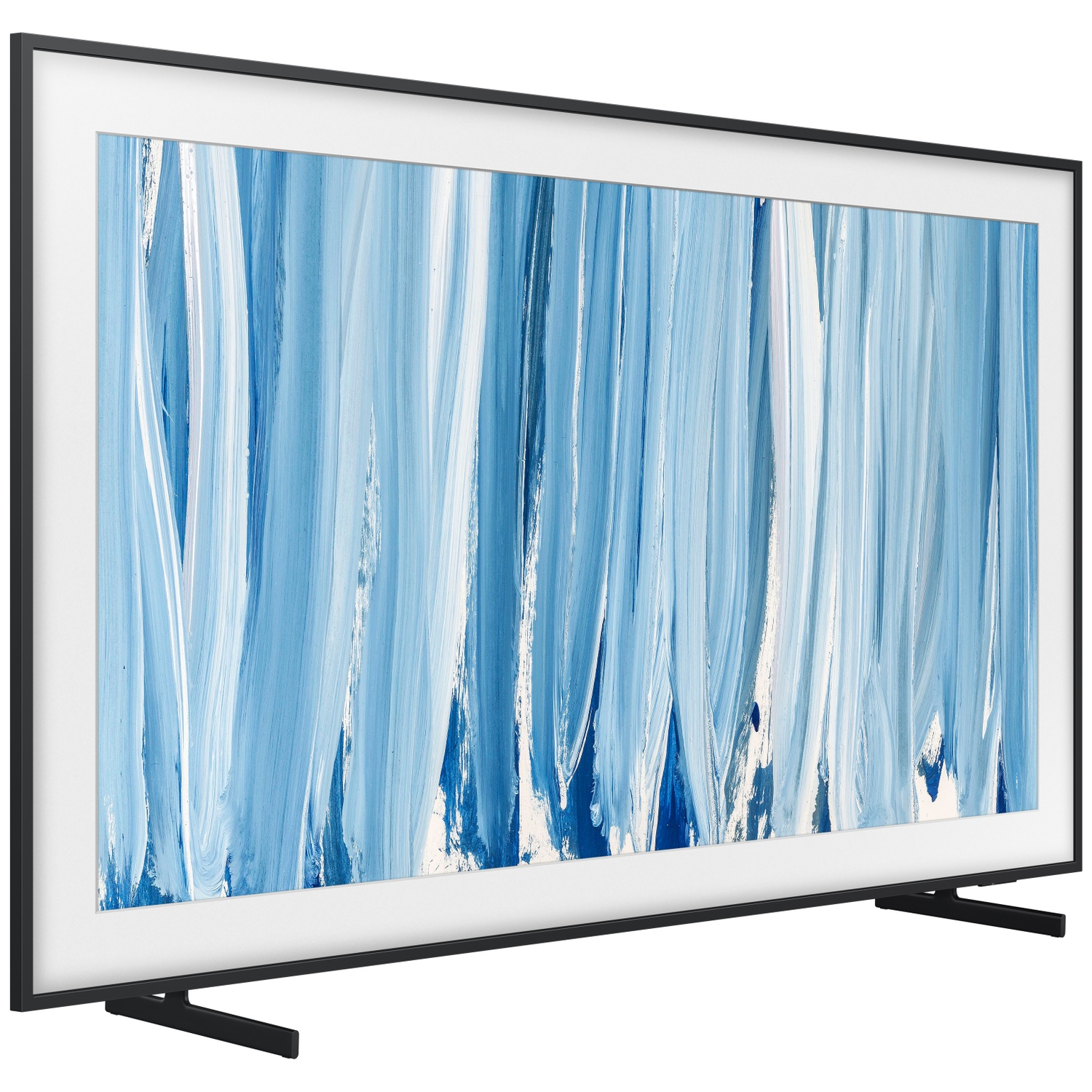 A modern TV displaying abstract blue and white brushstroke art on its screen.