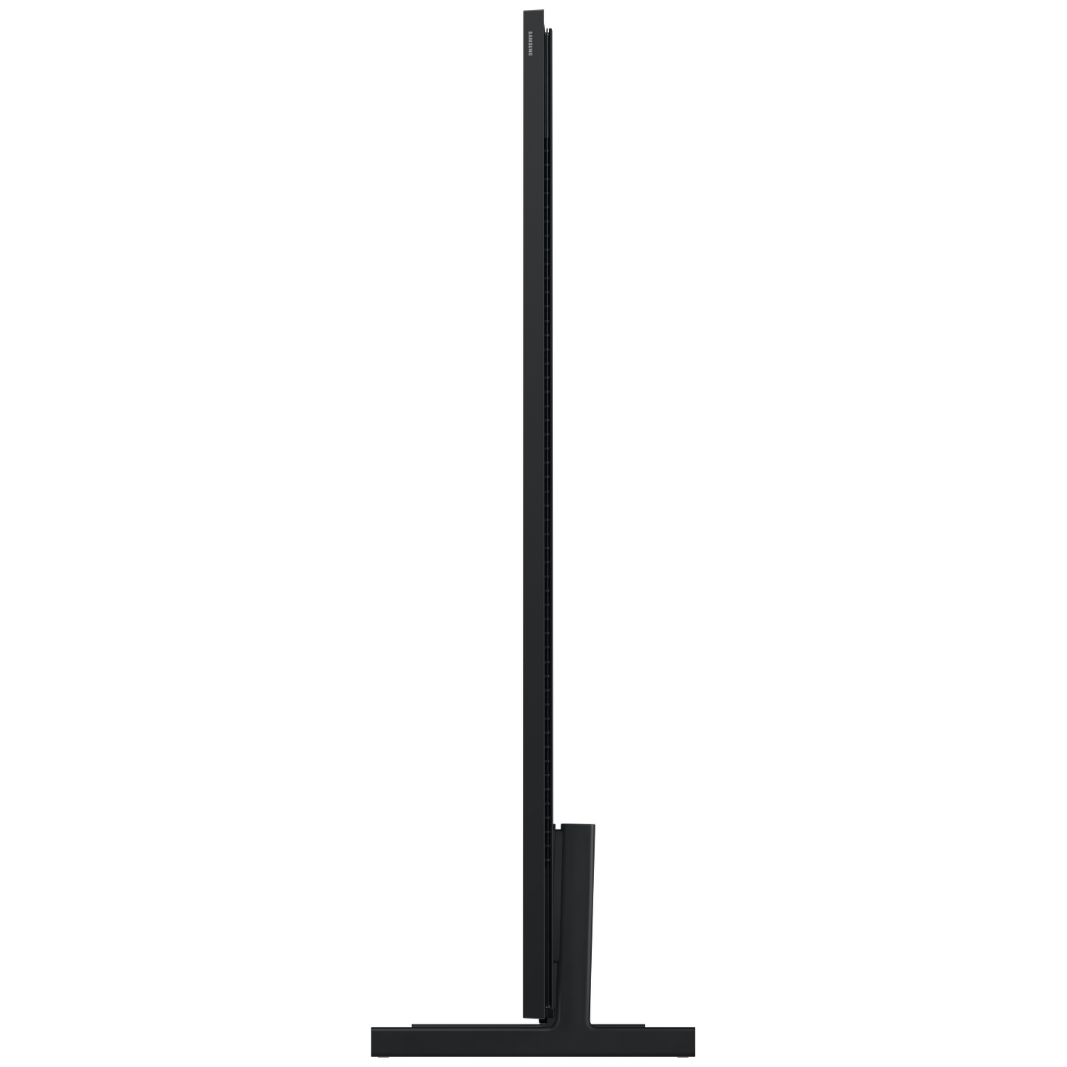 Black television on a stand, viewed from the side.
