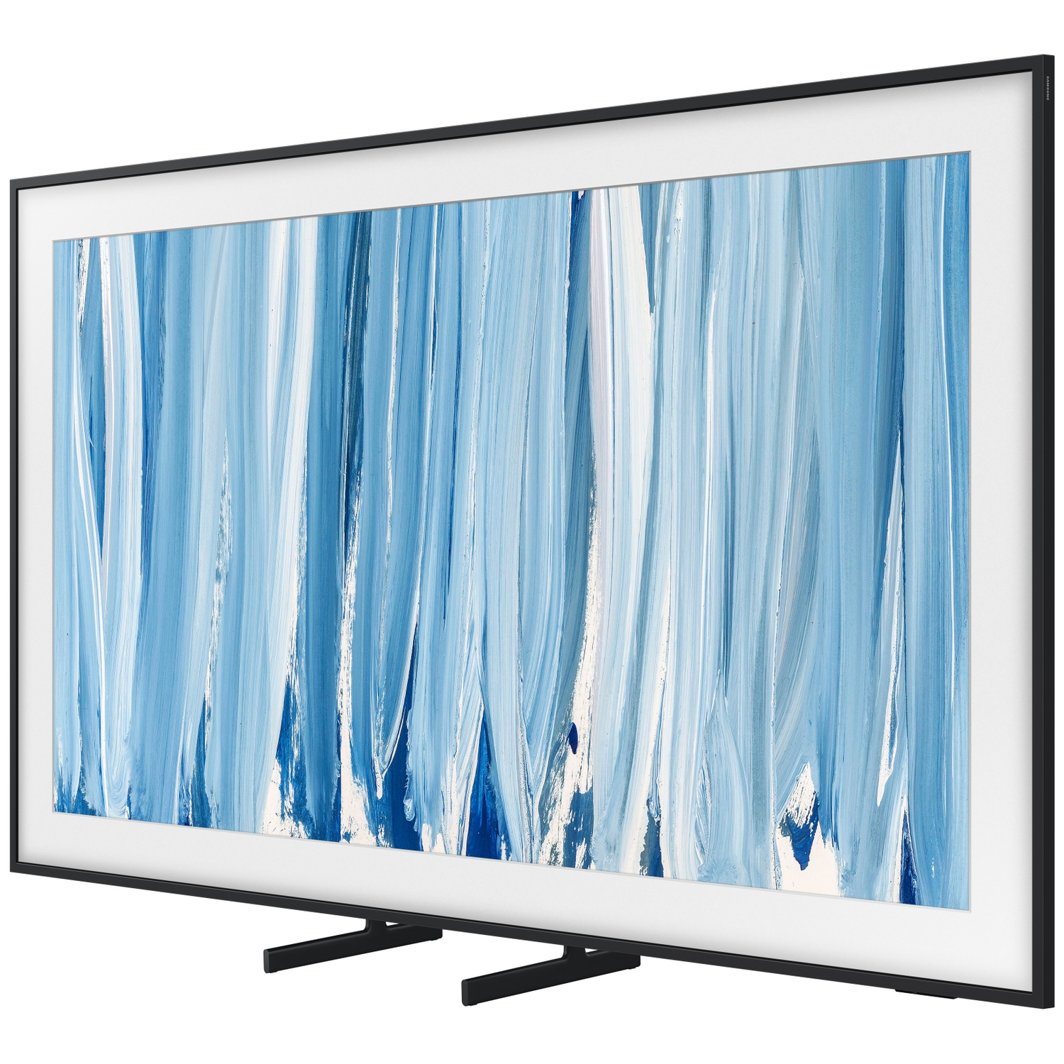 A modern TV displaying abstract art with blue and white brush strokes on its screen.