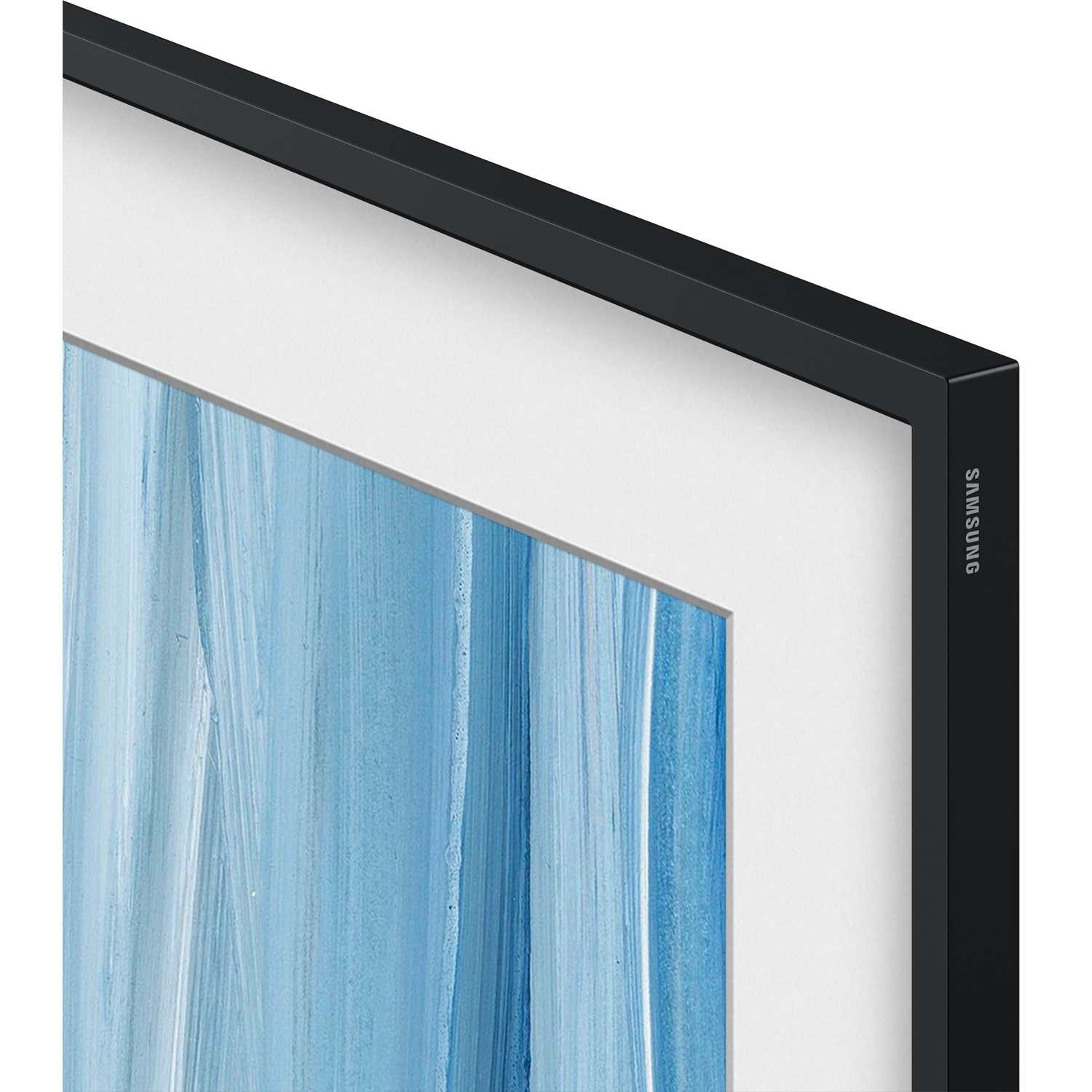 Black frame of a TV displaying abstract blue and white art.