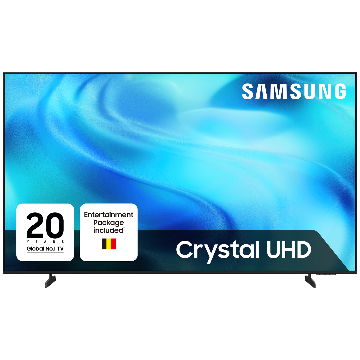 Samsung Crystal UHD TV met badges '20 Jaar Wereldwijd Nr.1 TV' en 'Entertainmentpakket inbegrepen'.