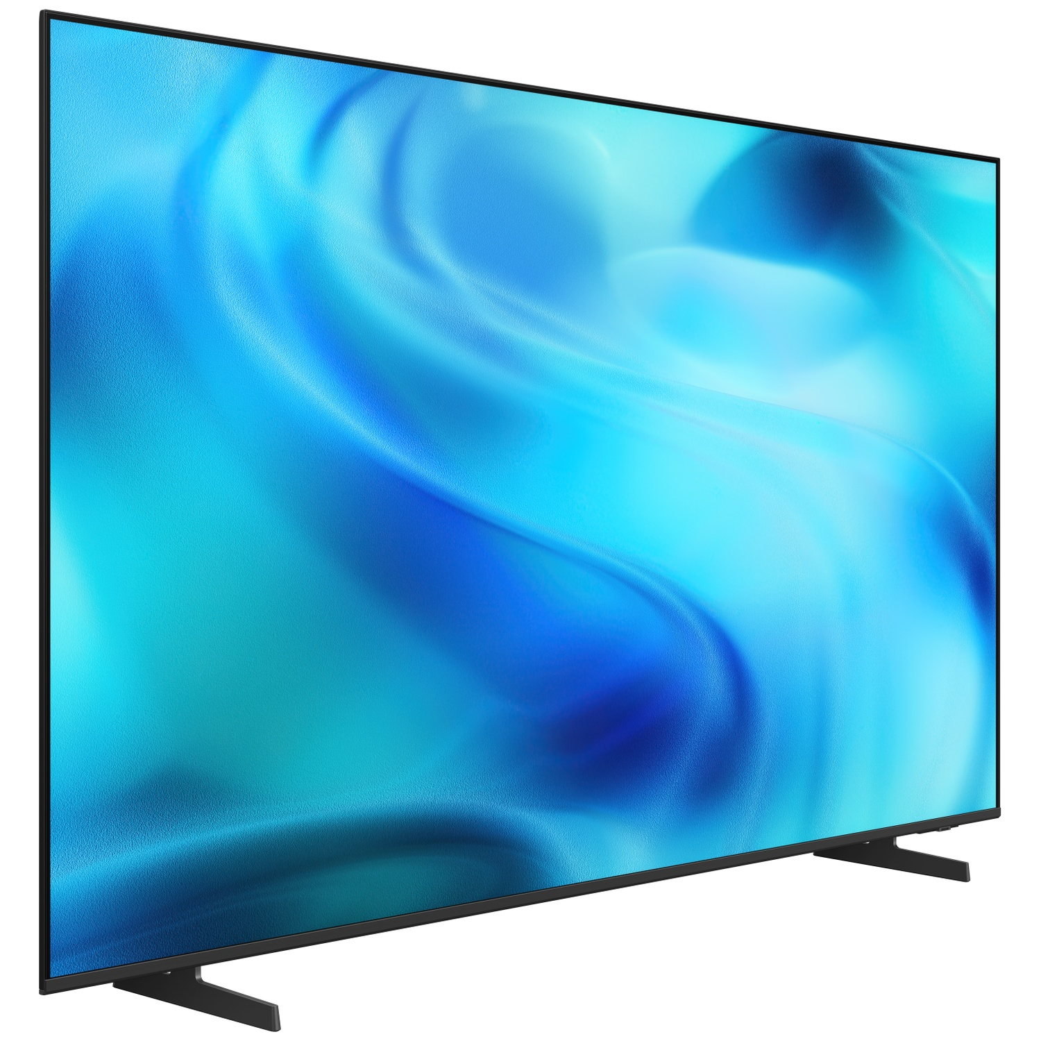 Een moderne flatscreen-tv met een blauw, wervelend patroon op het scherm.