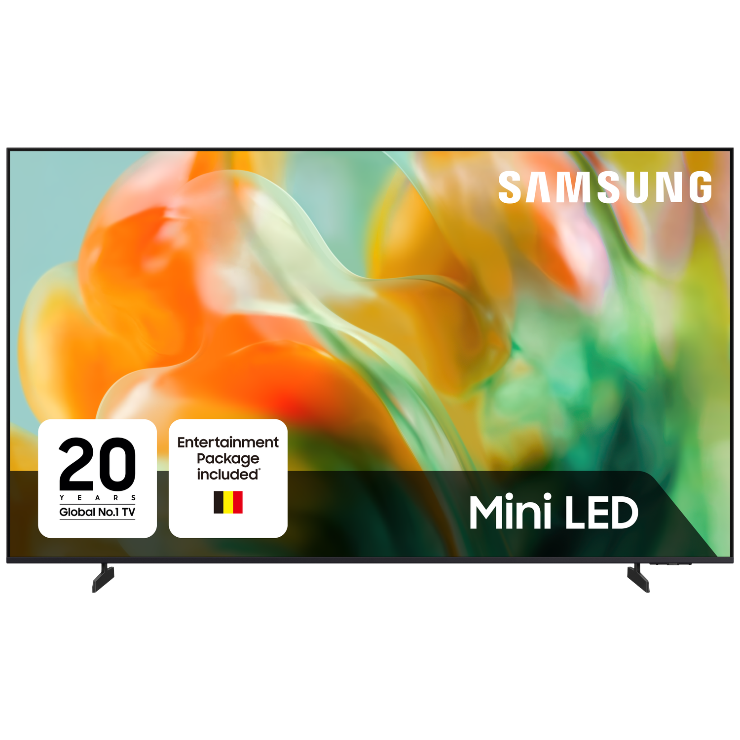 Samsung Mini LED TV met "20 jaar wereldwijd nr. 1 tv" en Belgische vlag.