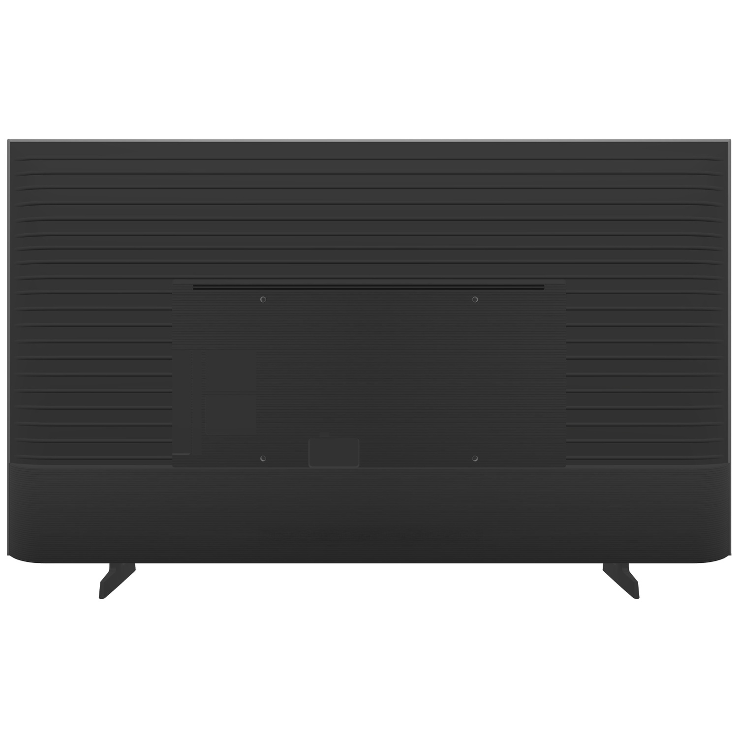 Achterkant van een zwarte televisie met horizontale ribbels en twee standaards.