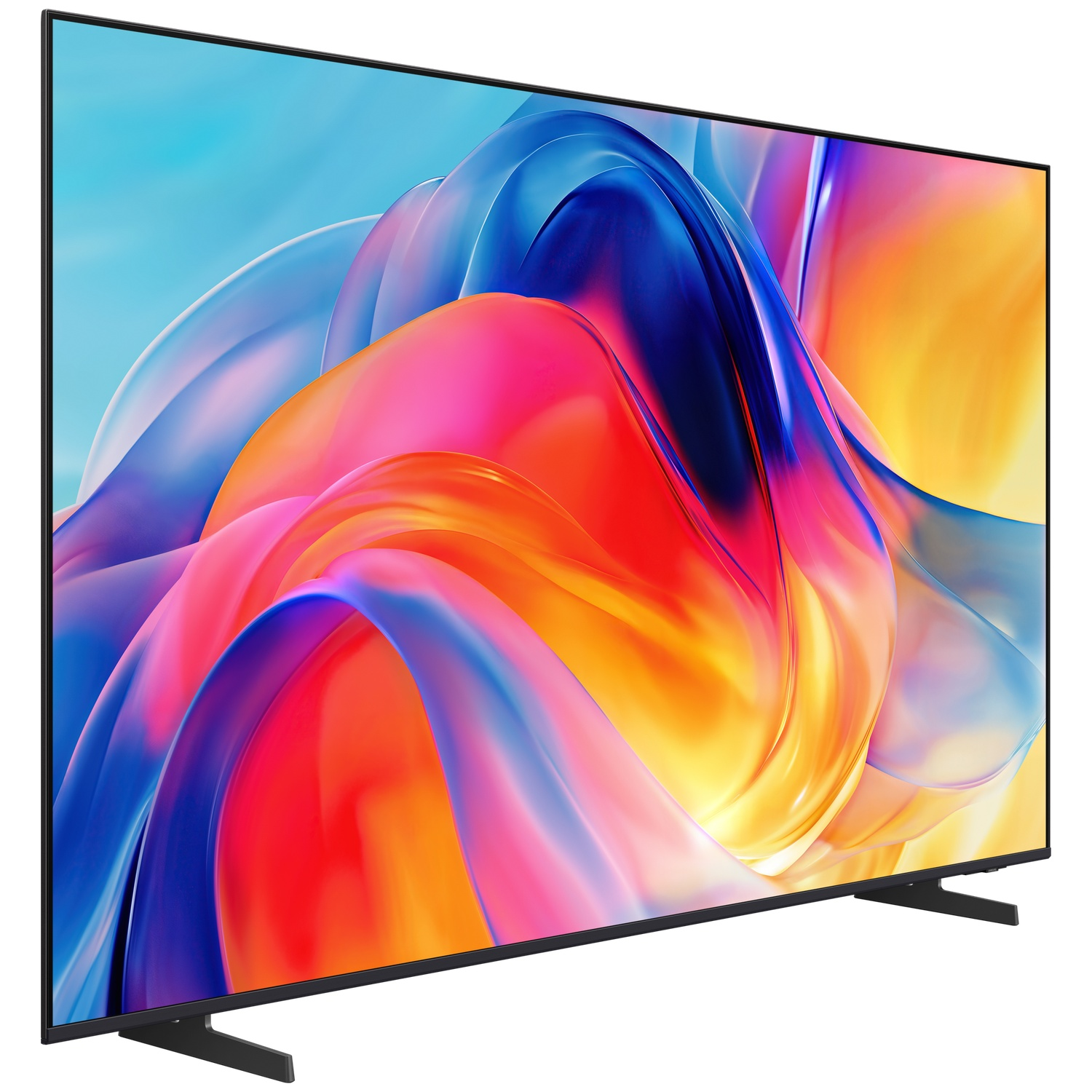 Een moderne televisie met een kleurrijke, abstracte achtergrondafbeelding.