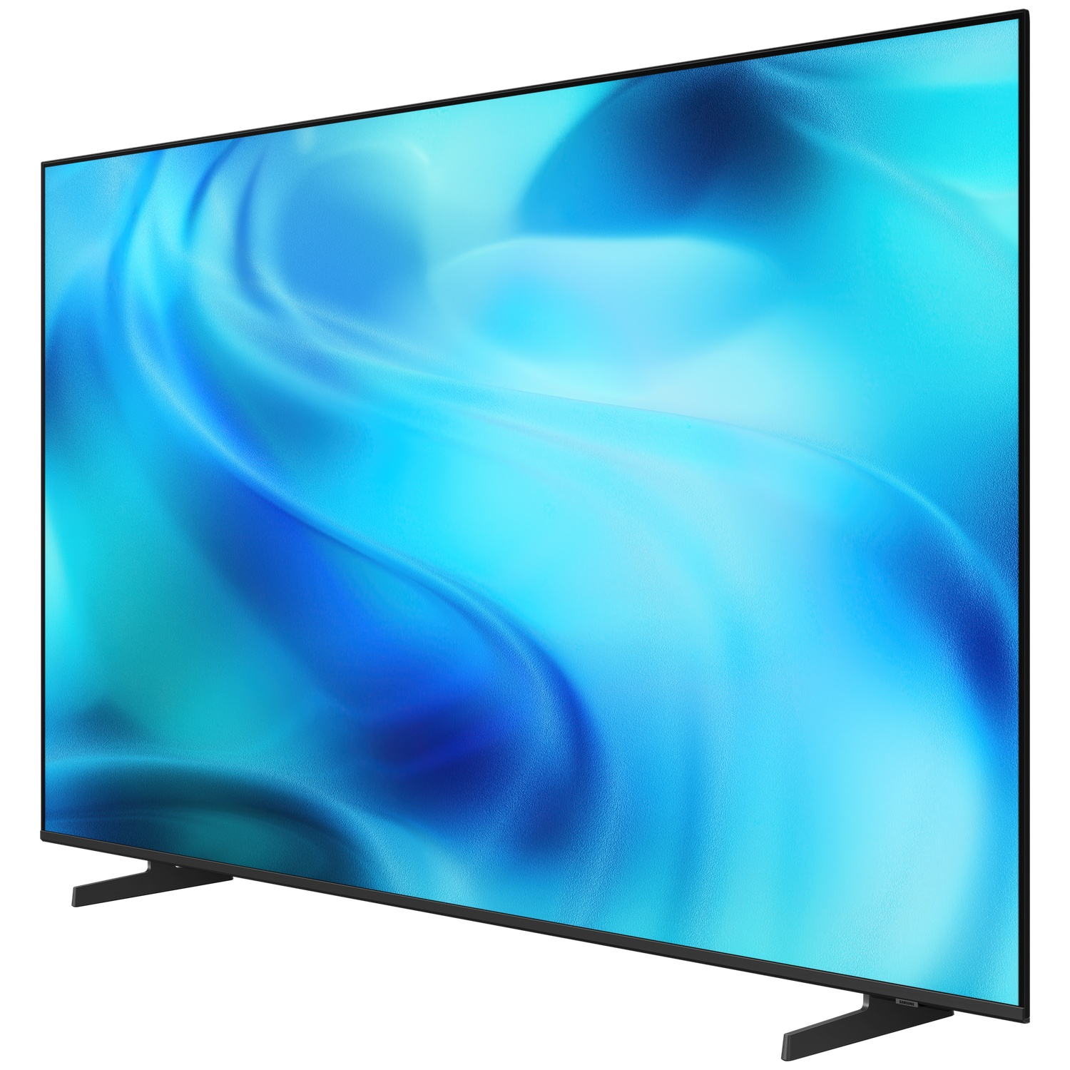 Een moderne zwarte televisie met een blauw, vloeiend abstract achtergrondbeeld.