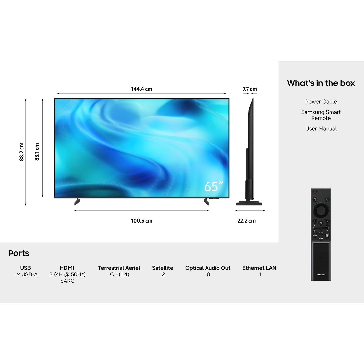 65-inch TV met afmetingen, poorten, afstandsbediening en inhoud van de doos.