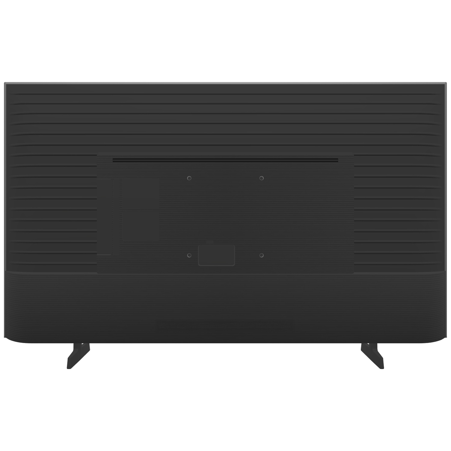 Arrière d'un téléviseur noir avec rainures horizontales et deux pieds de support.