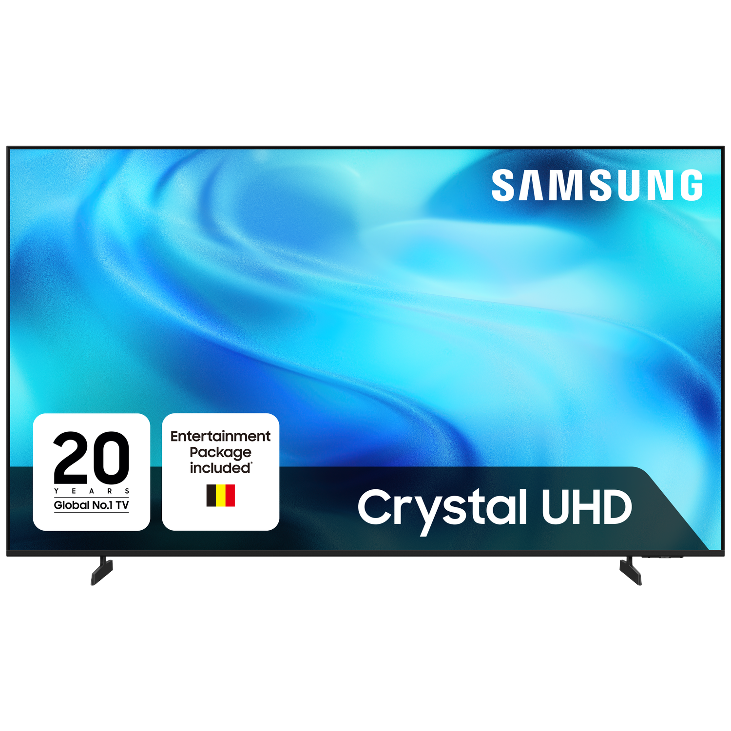 Samsung Crystal UHD TV with "20 Years Global No.1 TV" & "Entertainment Package" badges.