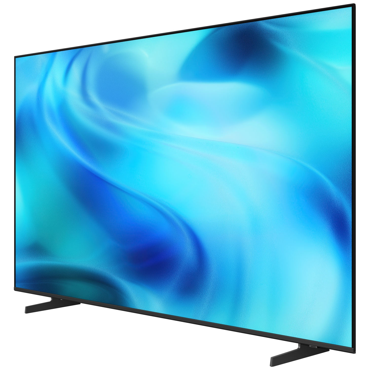 A modern flat-screen TV displaying a blue abstract background on its screen.