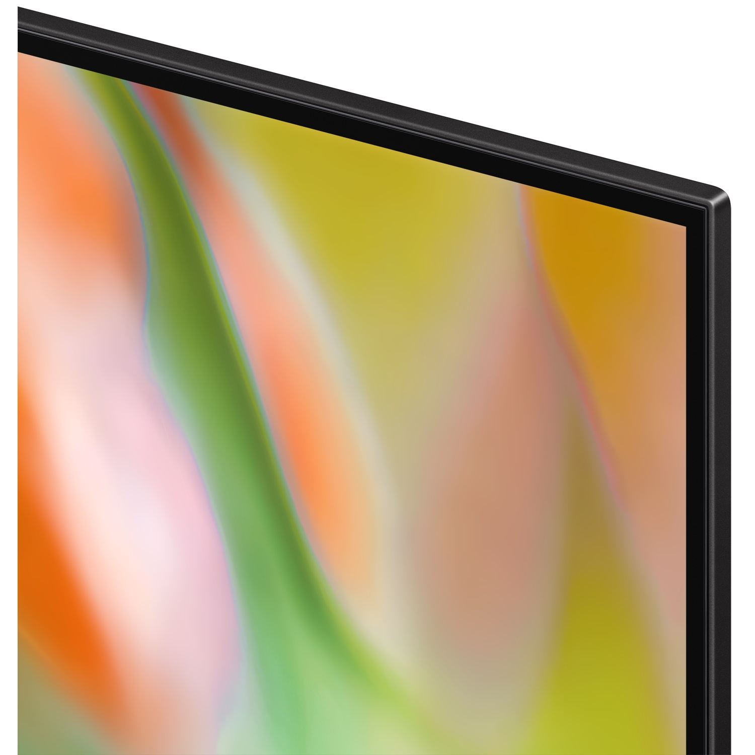 Close-up van een tv-scherm met een abstract patroon in oranje, groen en geel.