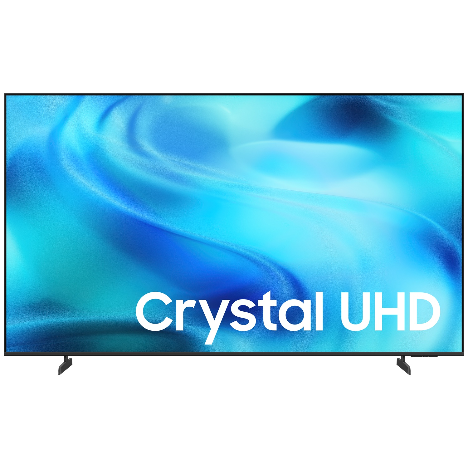 A modern TV with a blue wave pattern on screen and text.