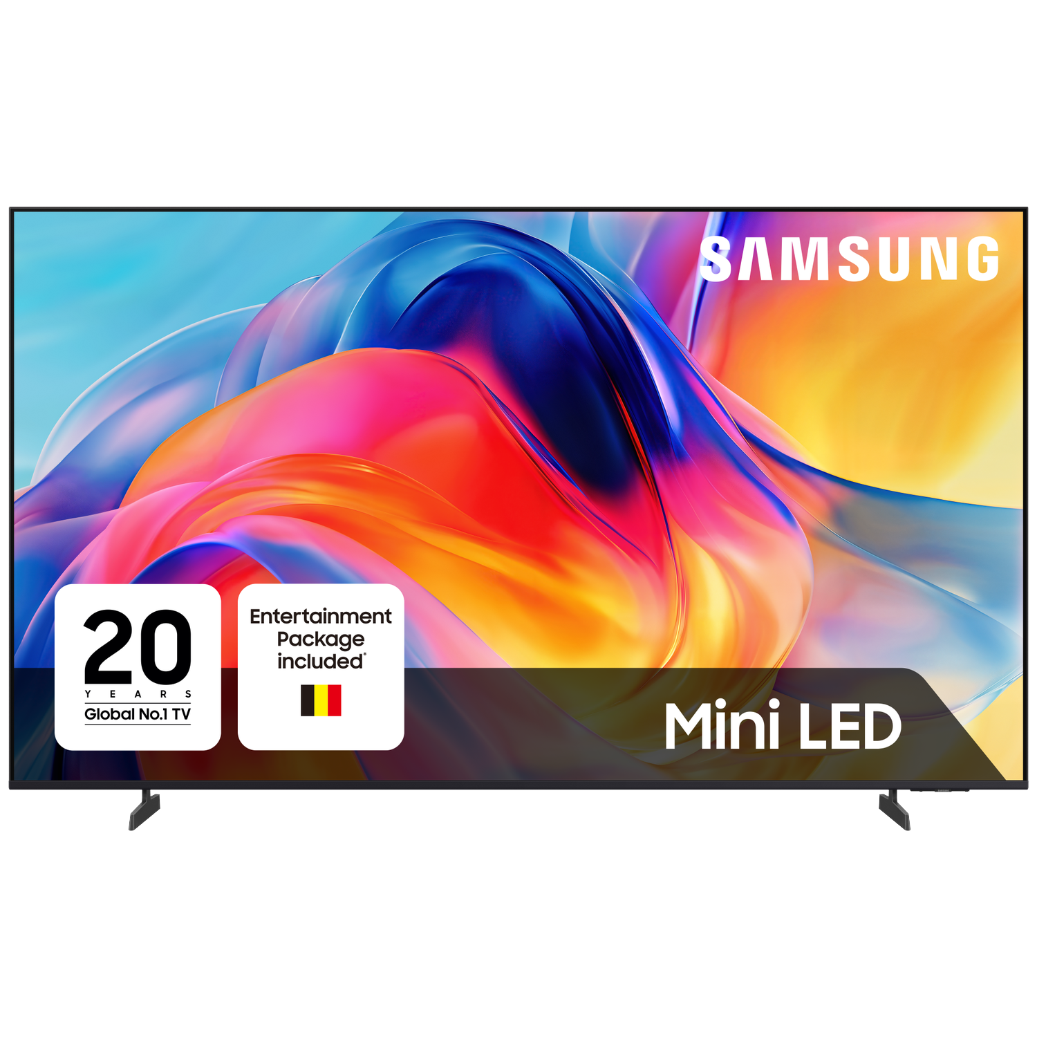 Samsung Mini LED TV met kleurrijke achtergrond en logo's