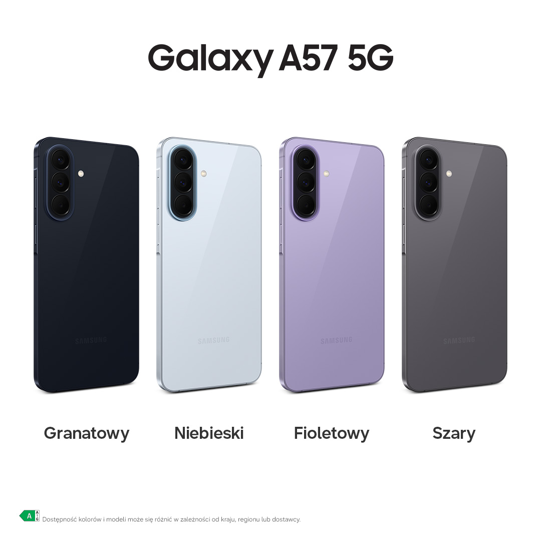 Cztery telefony Samsung Galaxy A57 5G w kolorach granatowym, niebieskim, fioletowym i szarym.