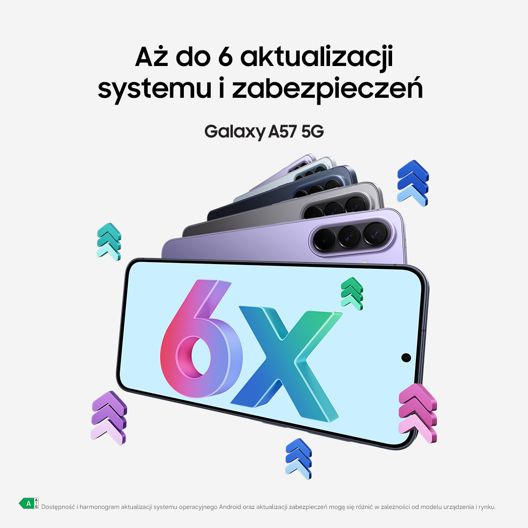 Sześć telefonów Galaxy A57 5G z napisem "6X" na ekranie.