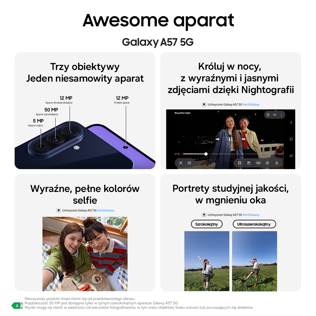 Samsung Galaxy A57 5G prezentuje funkcje aparatu do nocnych zdjęć, selfie i portretów.