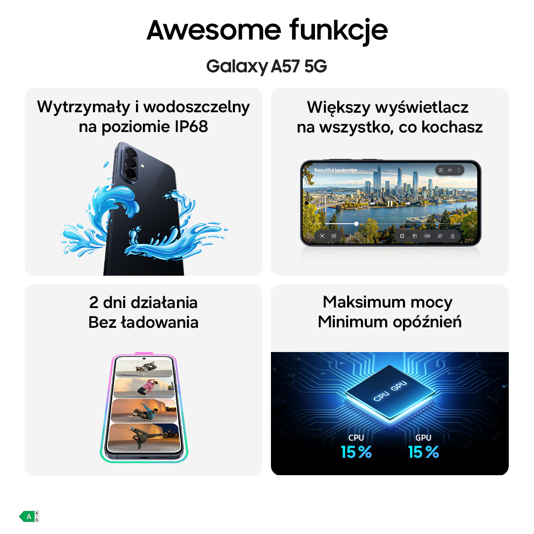 Galaxy A57 5G: Wodoszczelny, duży ekran, bateria 2 dni, wysoka wydajność.