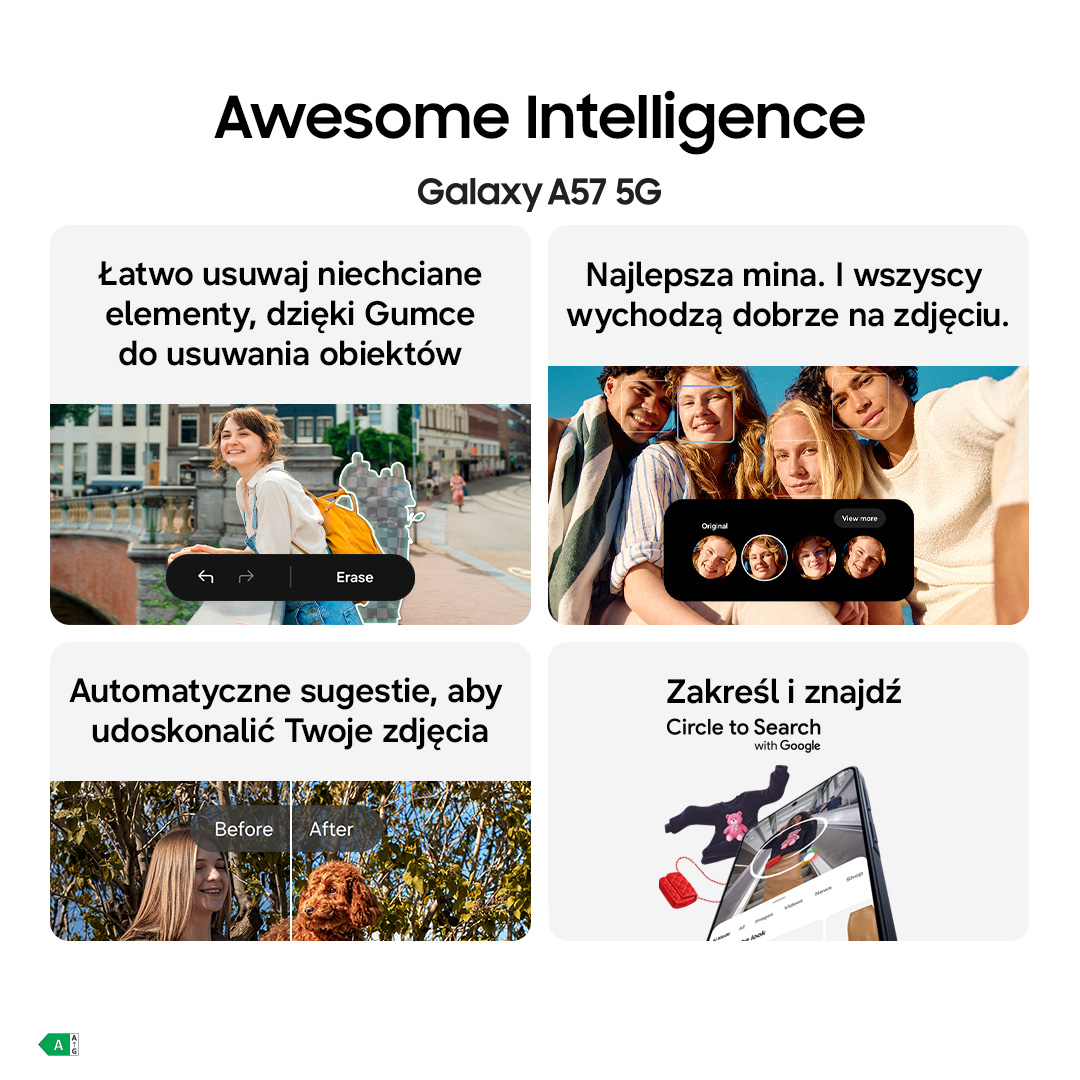 Samsung Galaxy A57 5G: Usuwanie obiektów, najlepsze ujęcia twarzy, automatyczne sugestie i Zaznacz, by znaleźć.