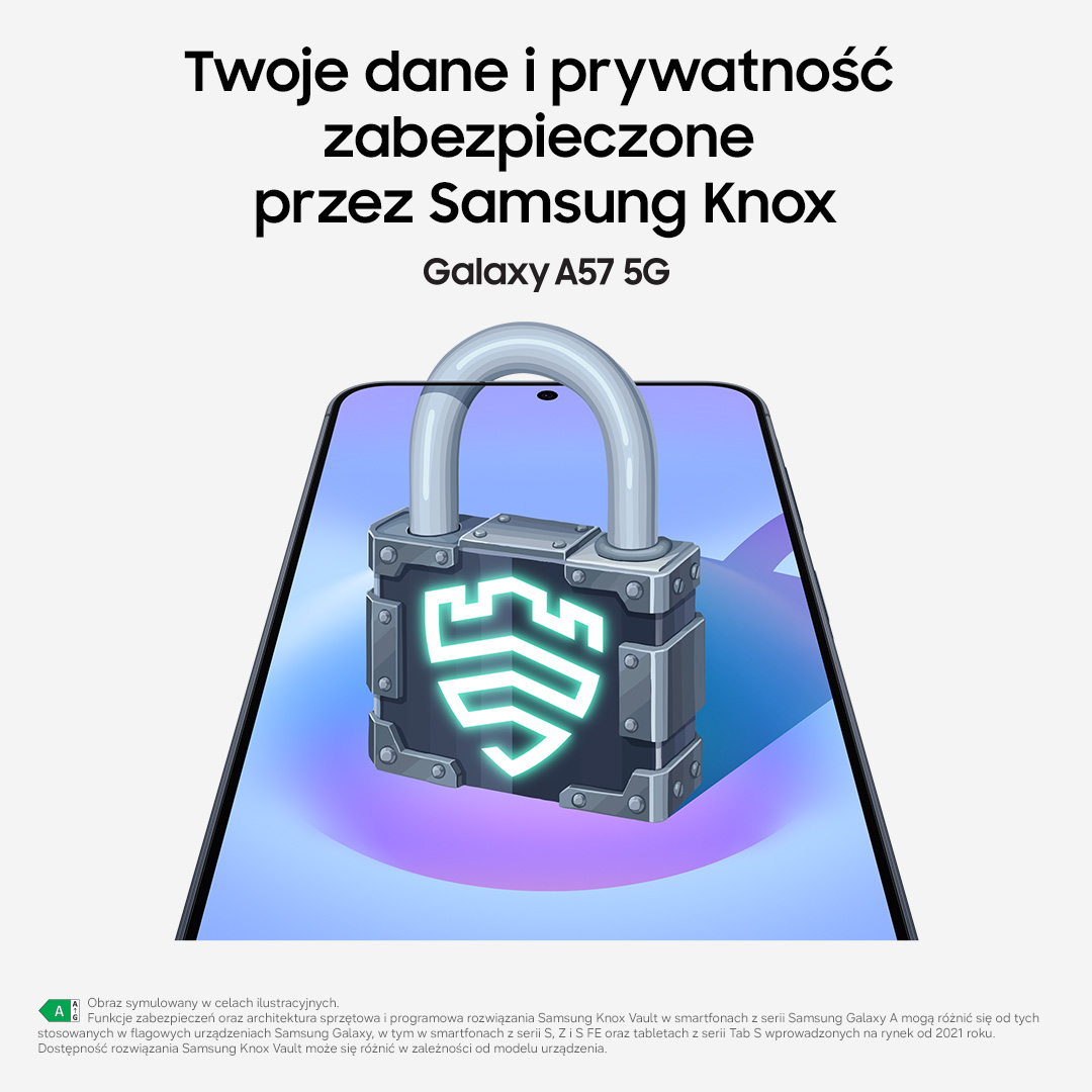 Stylizowana kłódka z logo Samsung Knox na ekranie smartfona.