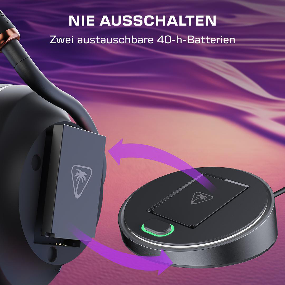 Zwei austauschbare 40-h-Batterien werden gezeigt, eine wird eingesetzt.