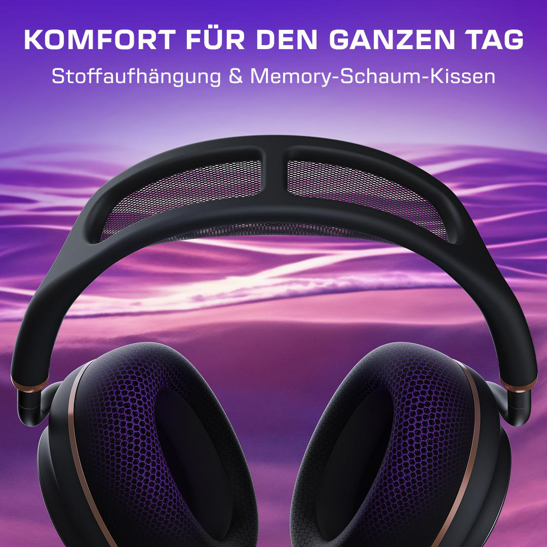 Schwarze Kopfhörer mit lila Akzenten auf violettem, welligem Hintergrund.