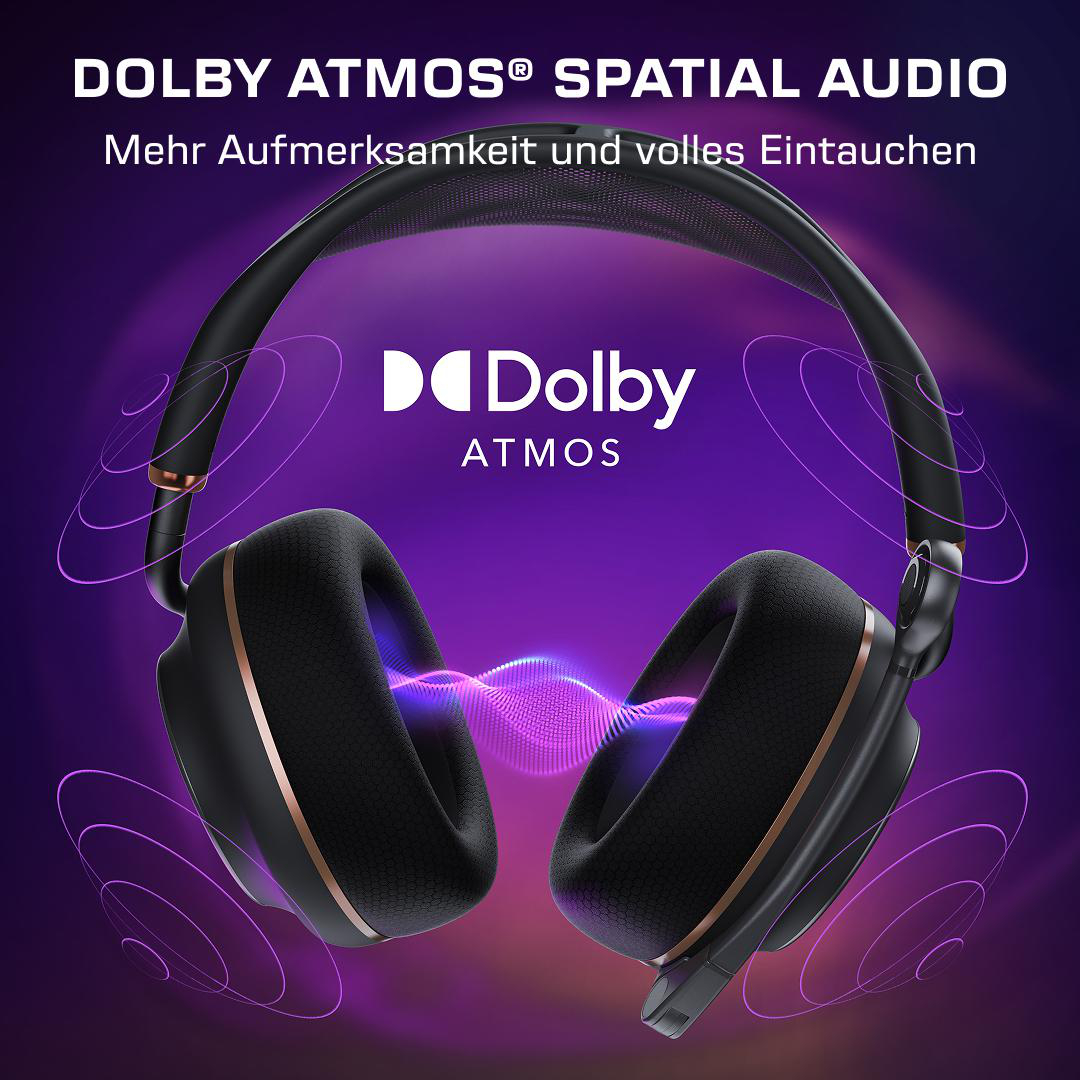 Schwarze Kopfhörer mit Dolby Atmos-Logo und lila Wellenmuster.