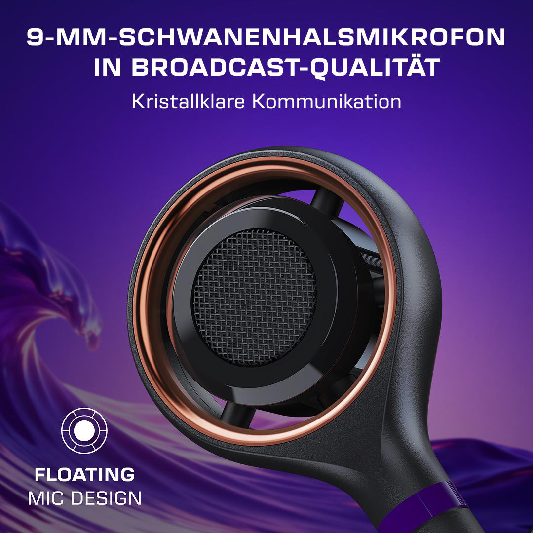 Nahaufnahme eines schwarzen Mikrofons mit Kupferdetails auf violettem Hintergrund.