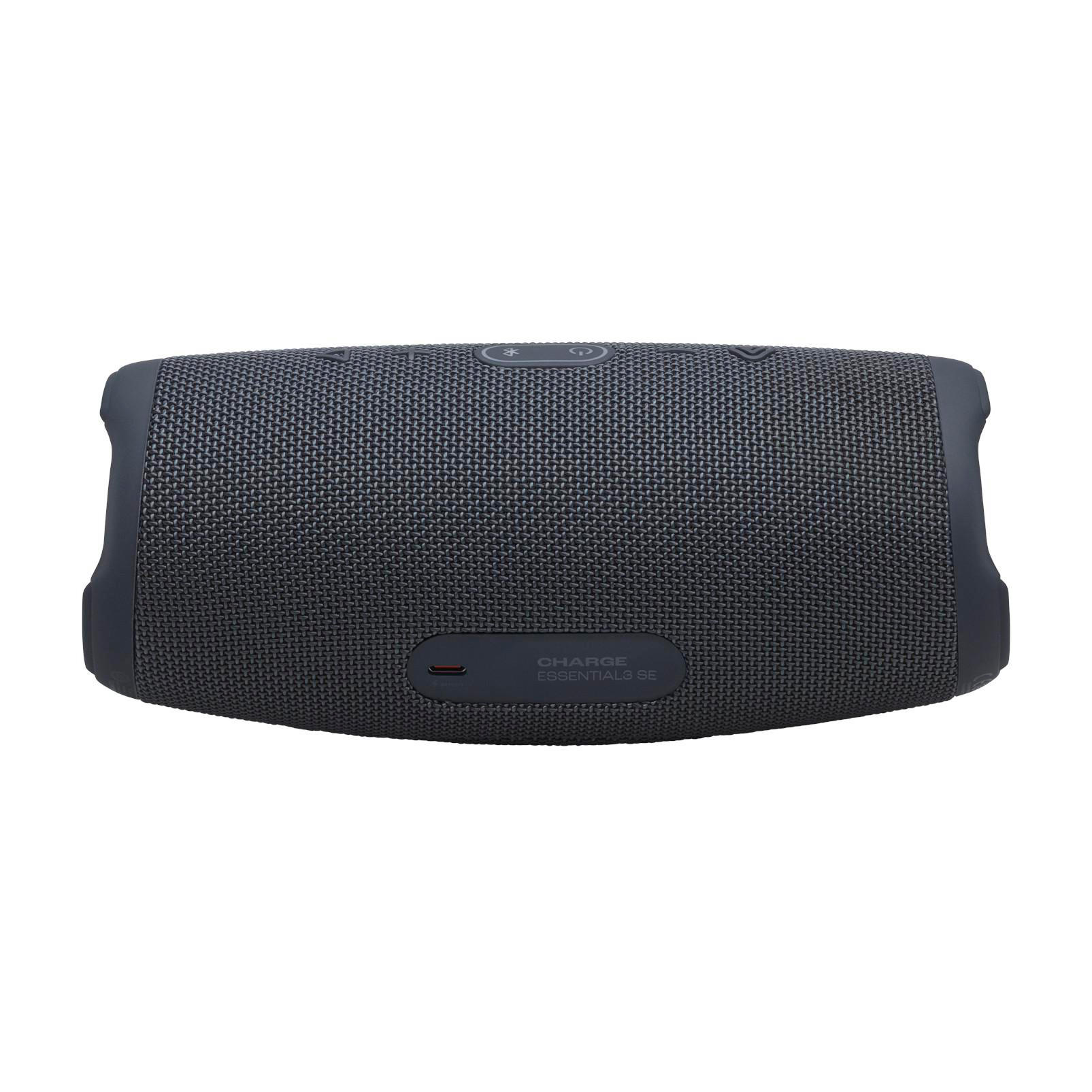 Dunkelgrauer JBL Charge Essential 3 SE Lautsprecher mit Stoffgitter und Tasten.