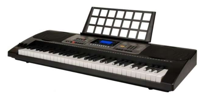 Czarna keyboard elektroniczny ze stojakiem na nuty i niebieskim wyświetlaczem.