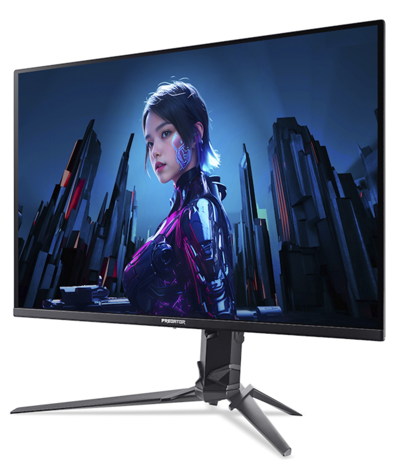 Mujer futurista en pantalla de monitor con telón de fondo de ciudad cyberpunk.