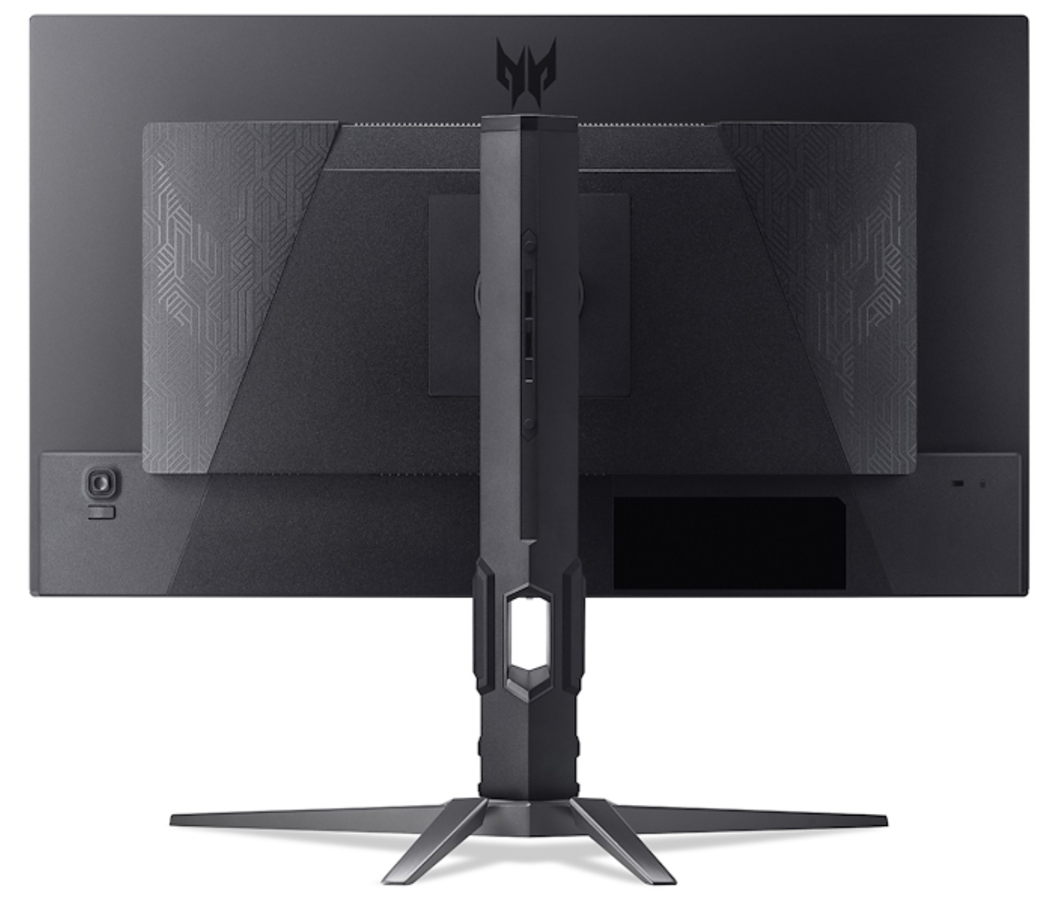 Parte trasera de un monitor negro con logo plateado y soporte robusto.