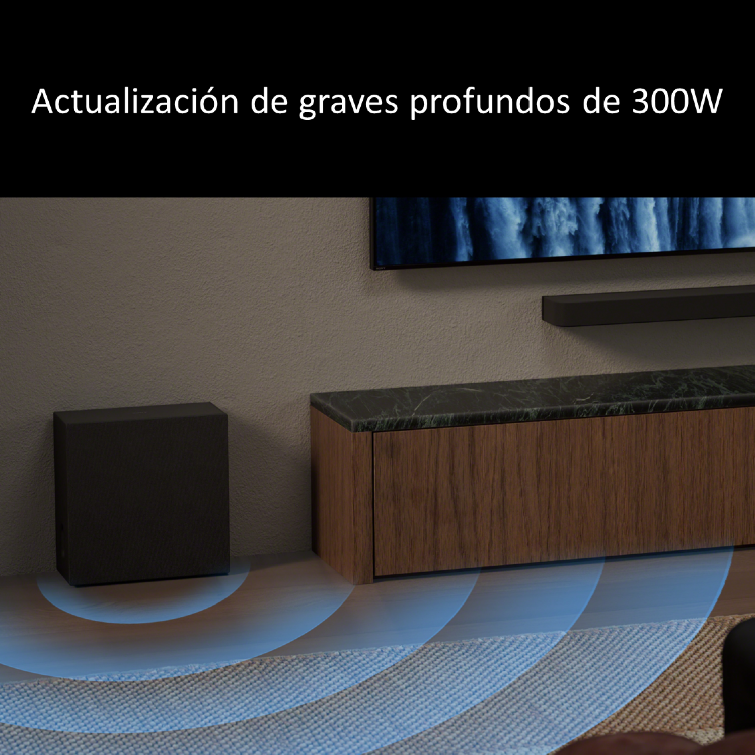 Subwoofer negro sobre alfombra, con ondas de sonido azules.
