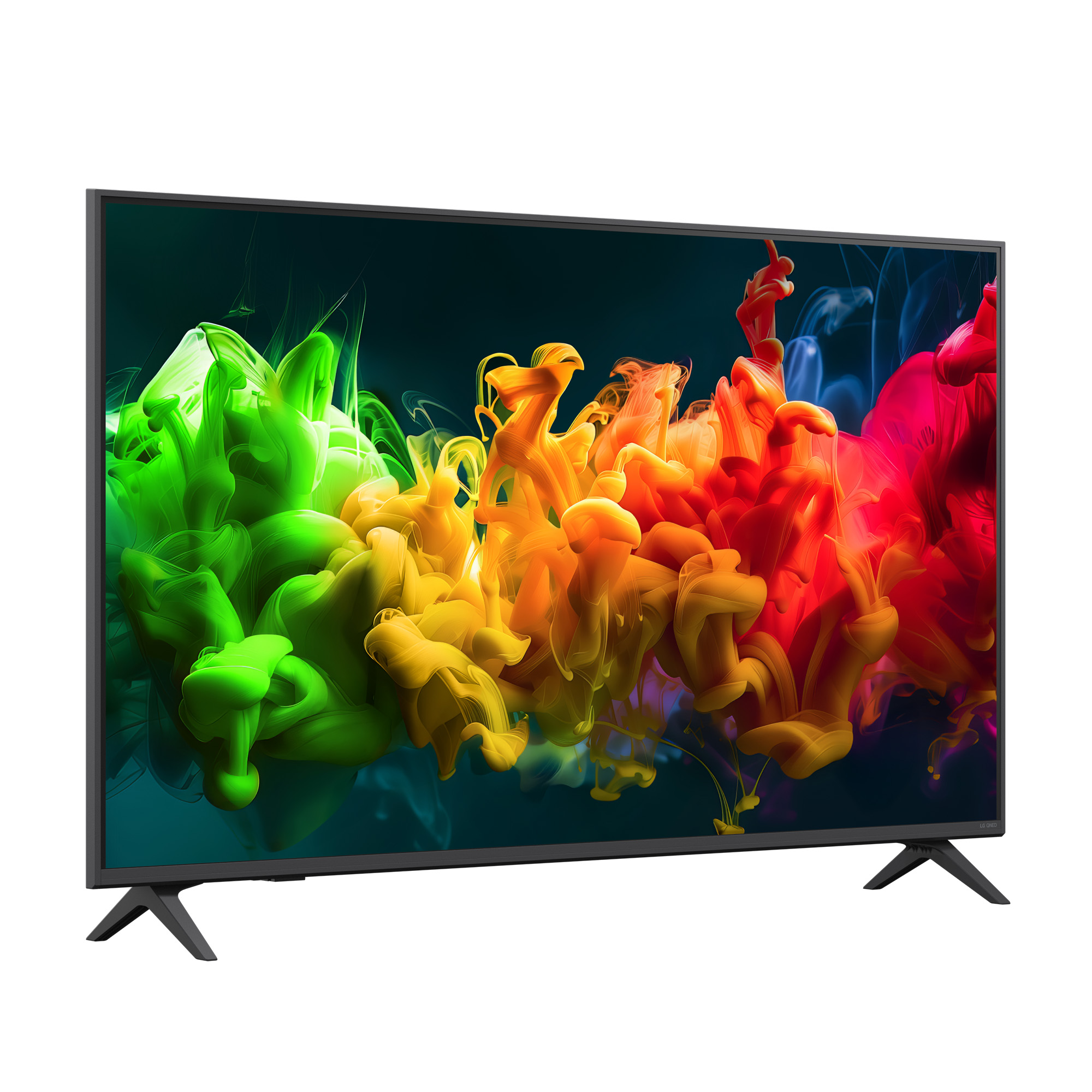 Un televisor moderno con pantalla oscura que muestra nubes de humo coloridas.