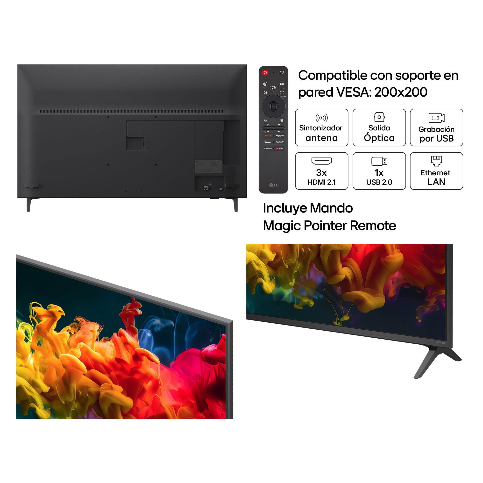 TV LG con Magic Remote, puertos y arte abstracto en pantalla.