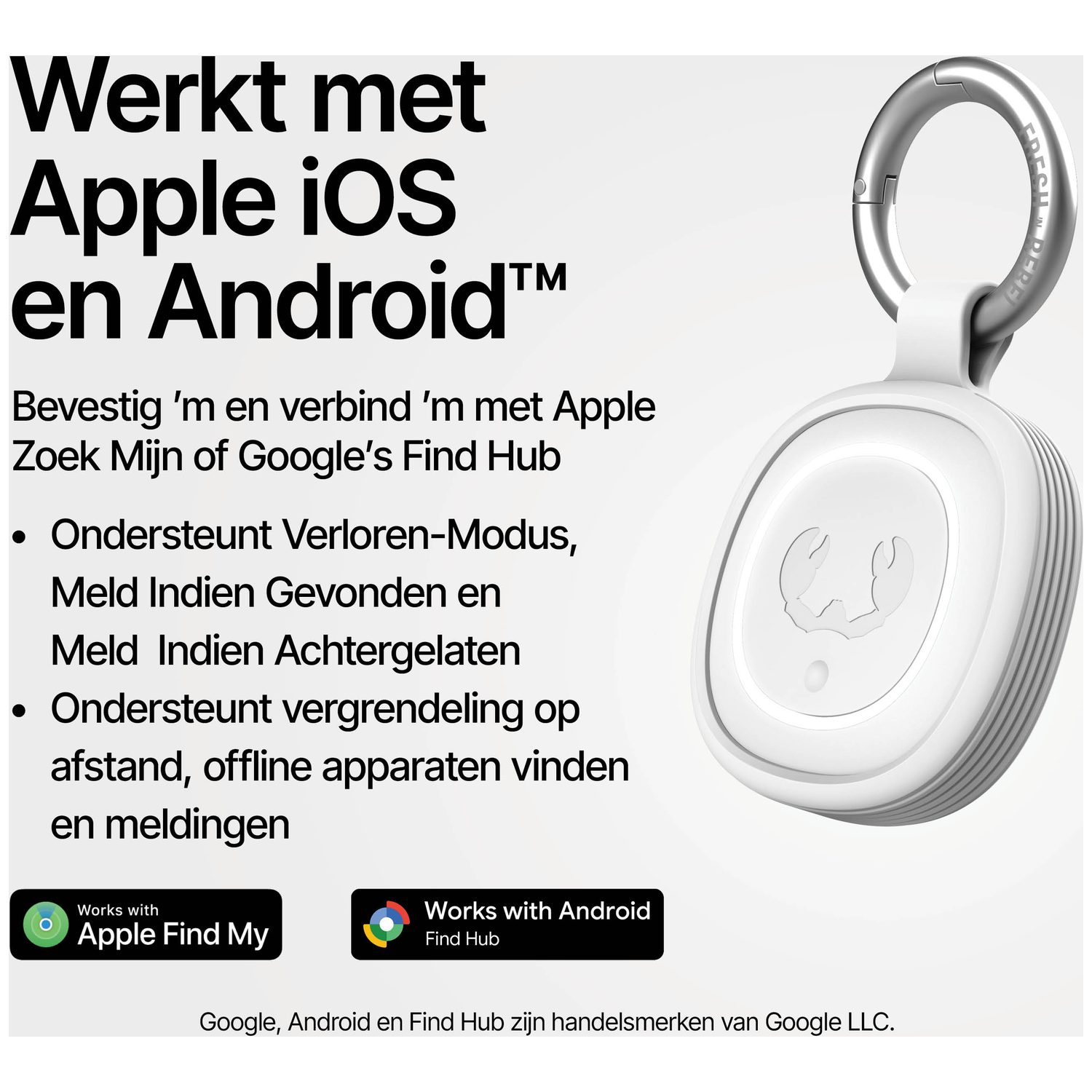 White case with keyring, compatible with Apple and Android.