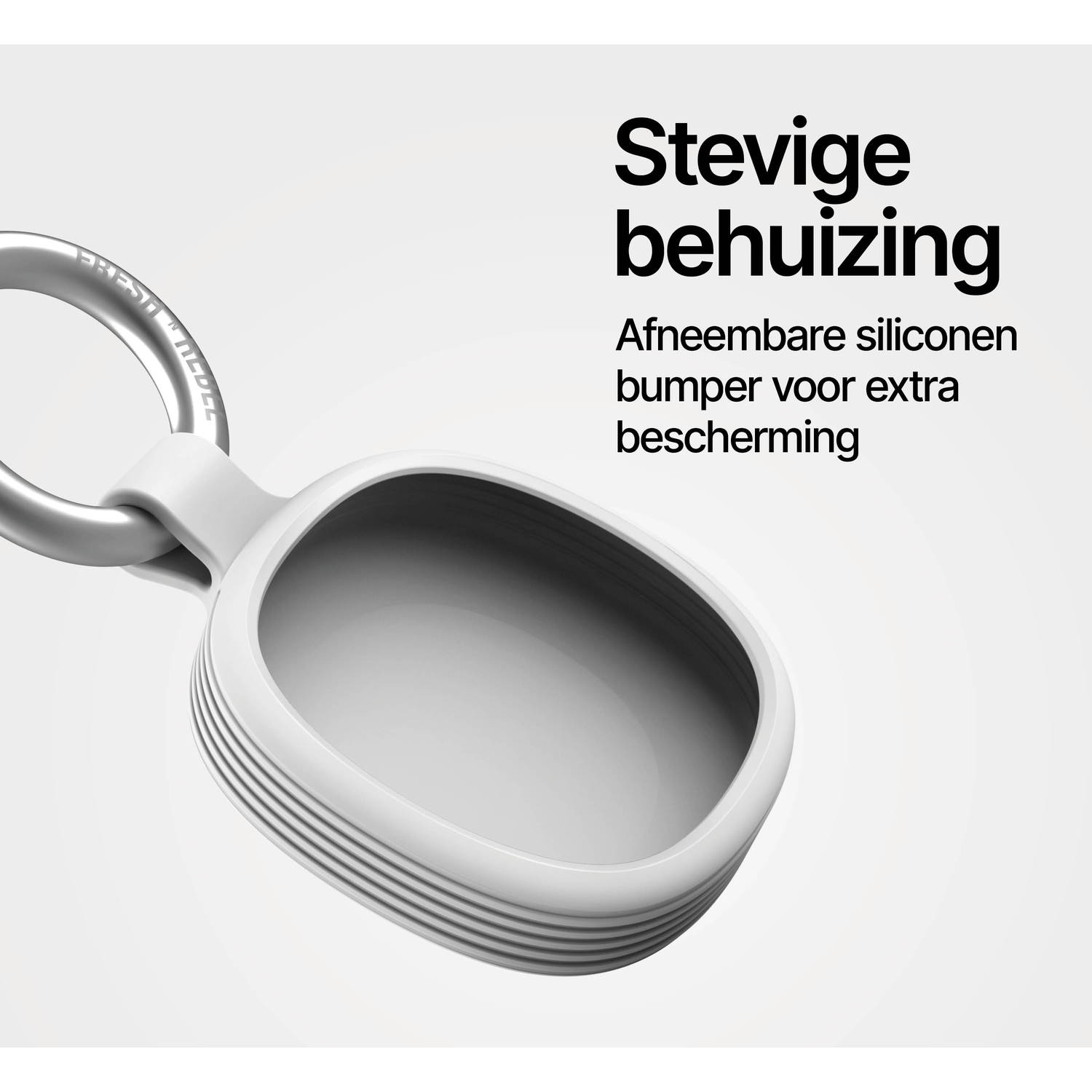 Gray silicone case with metal ring. Text reads "Stevige behuizing".