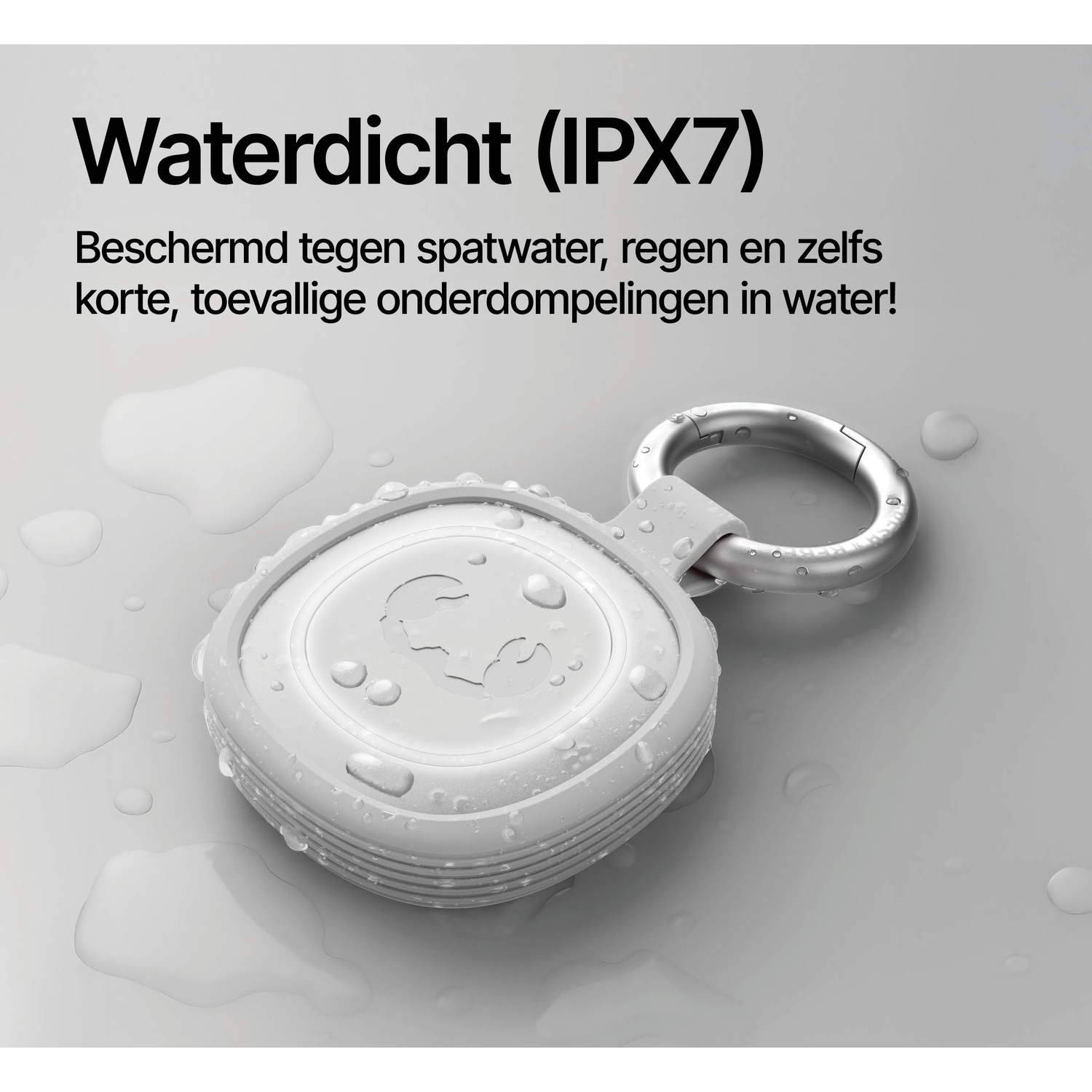 A white waterproof device with a metal ring, covered in water droplets.