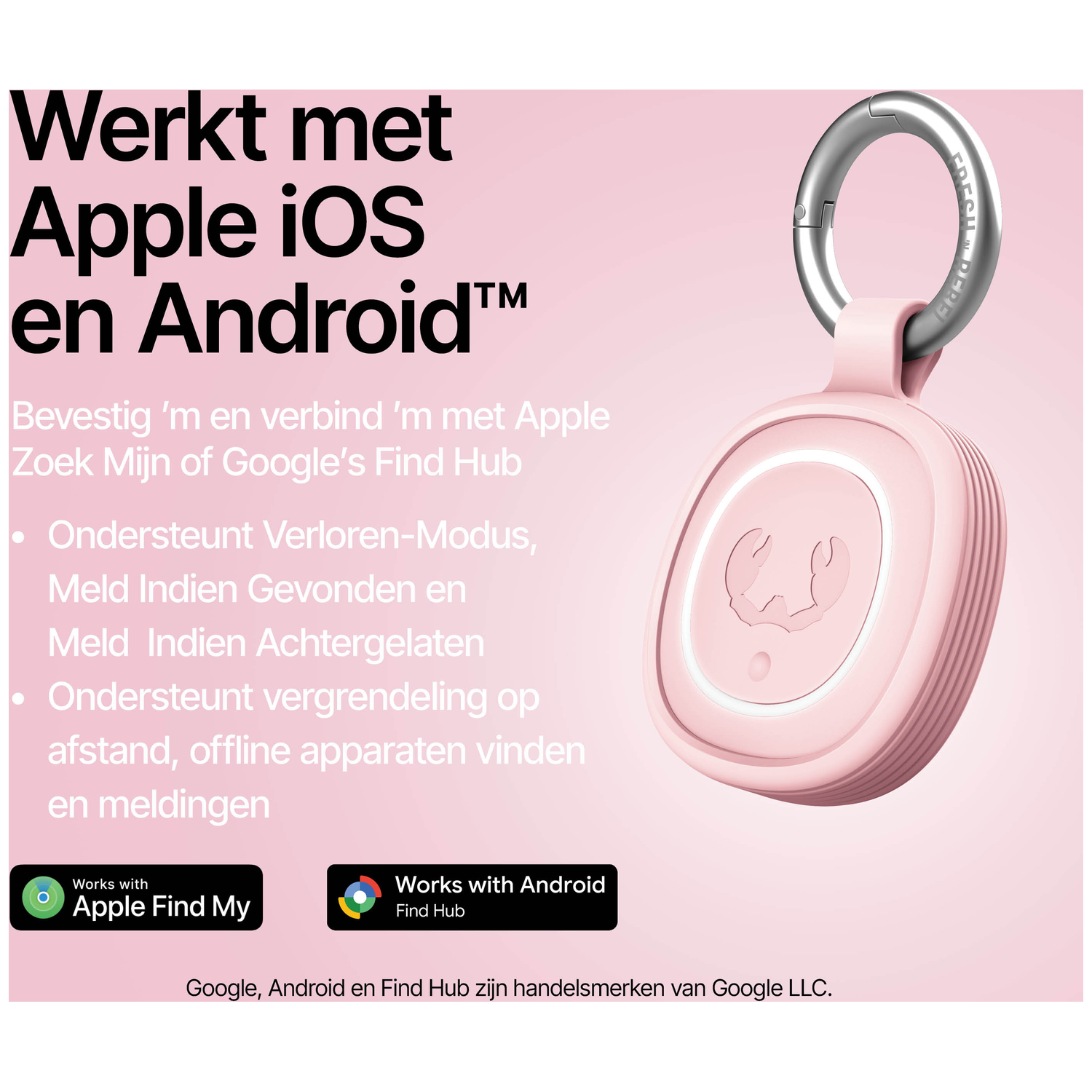 A pink tracker with a silver ring, compatible with iOS and Android devices.