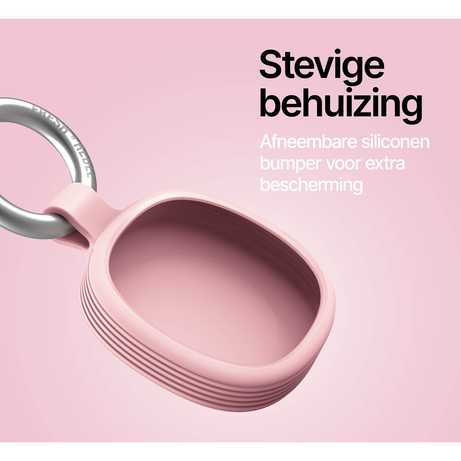 A pink silicone case with a silver ring on a pink background.
