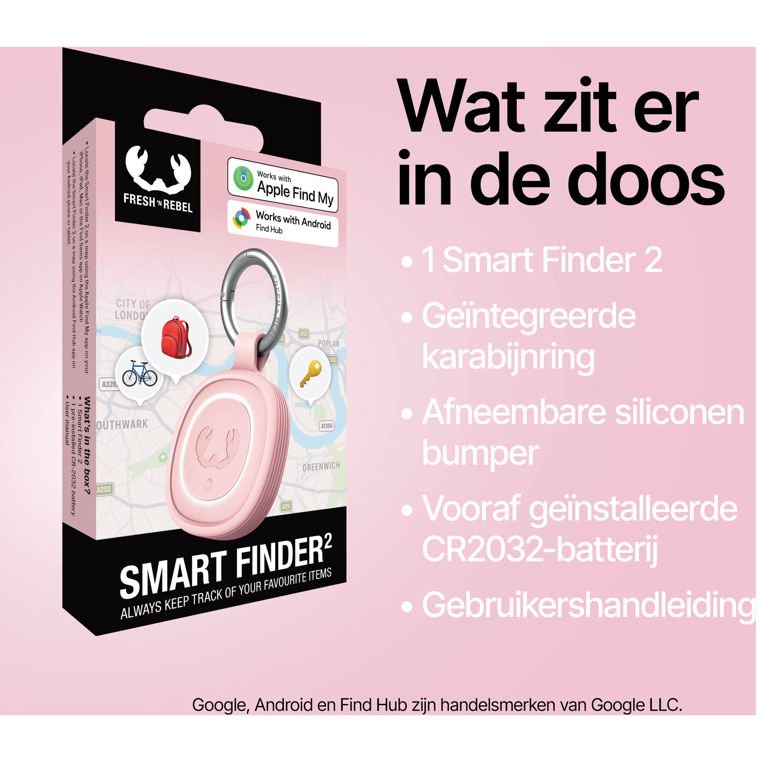Pink Smart Finder 2 packaging with London map, item list: Finder, carabiner, bumper.