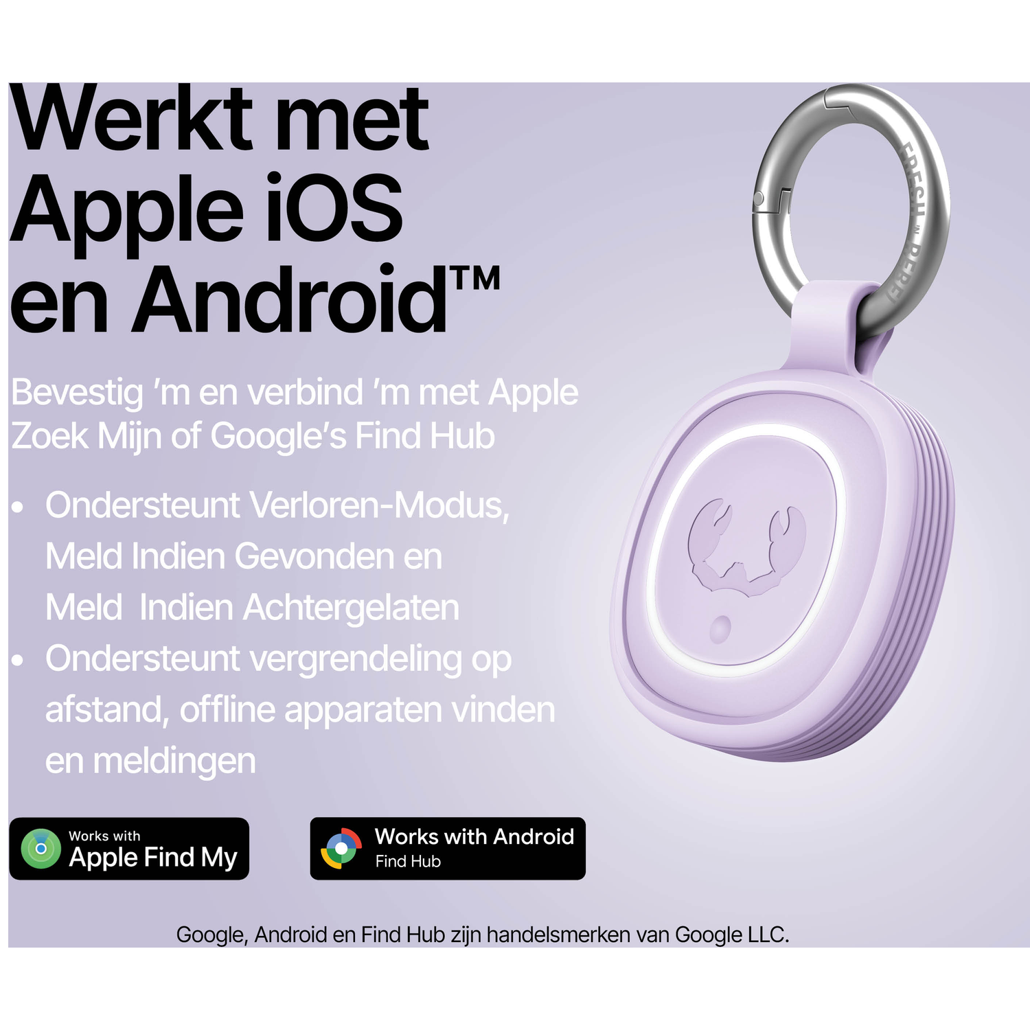 A light purple device with a keyring, compatible with Apple and Android.