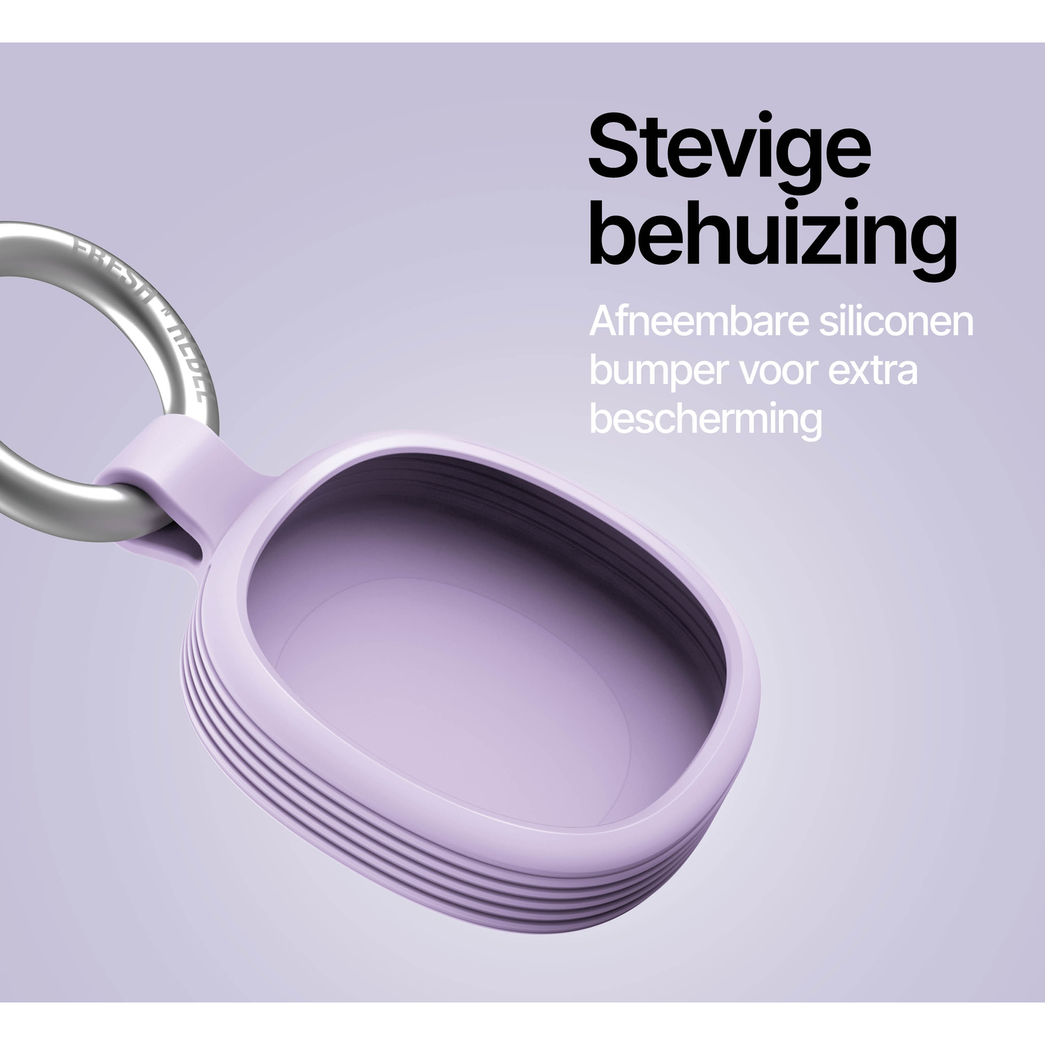 A lilac case with a silver ring and ribbed texture on a grey background.