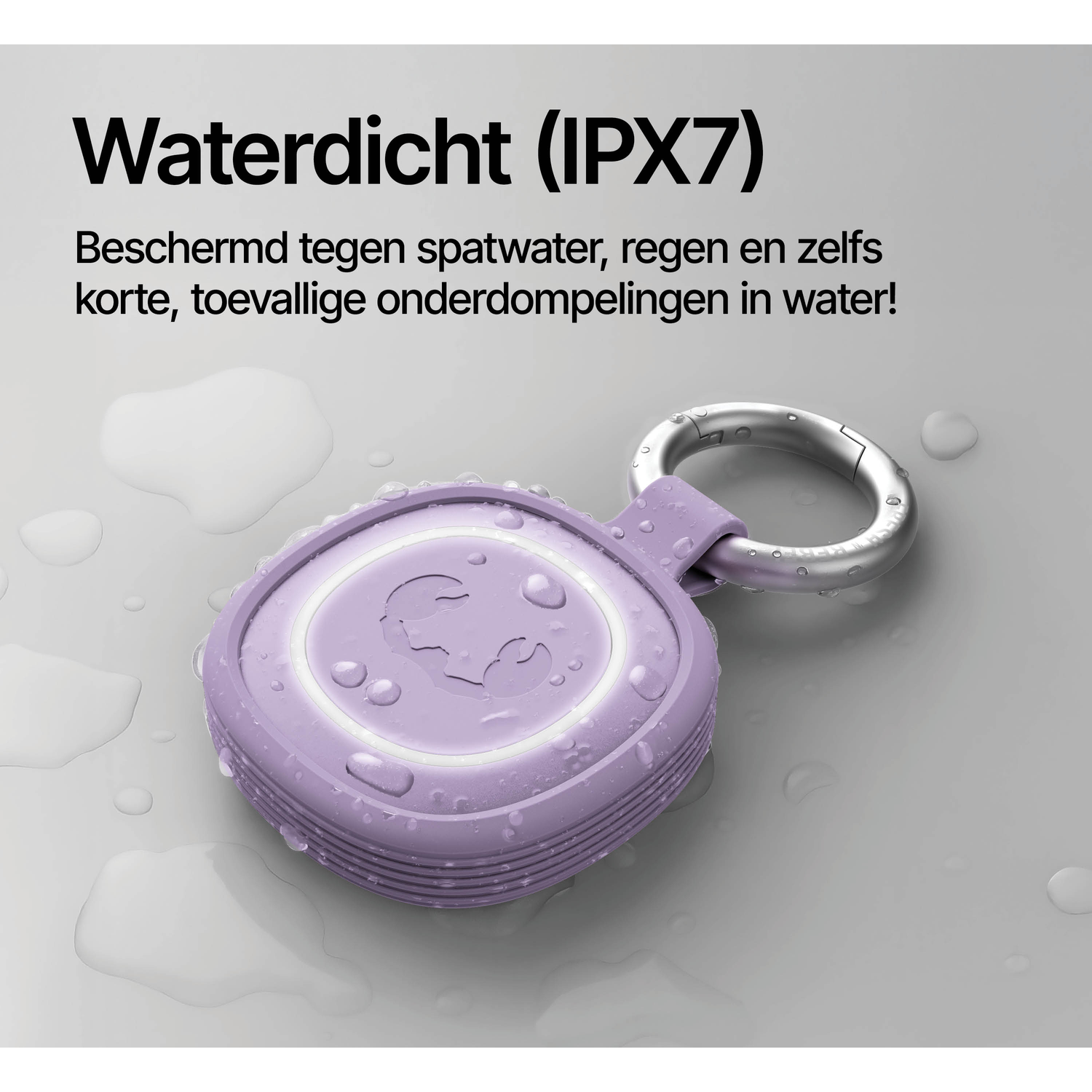 Purple waterproof speaker with metal ring, covered in water droplets.