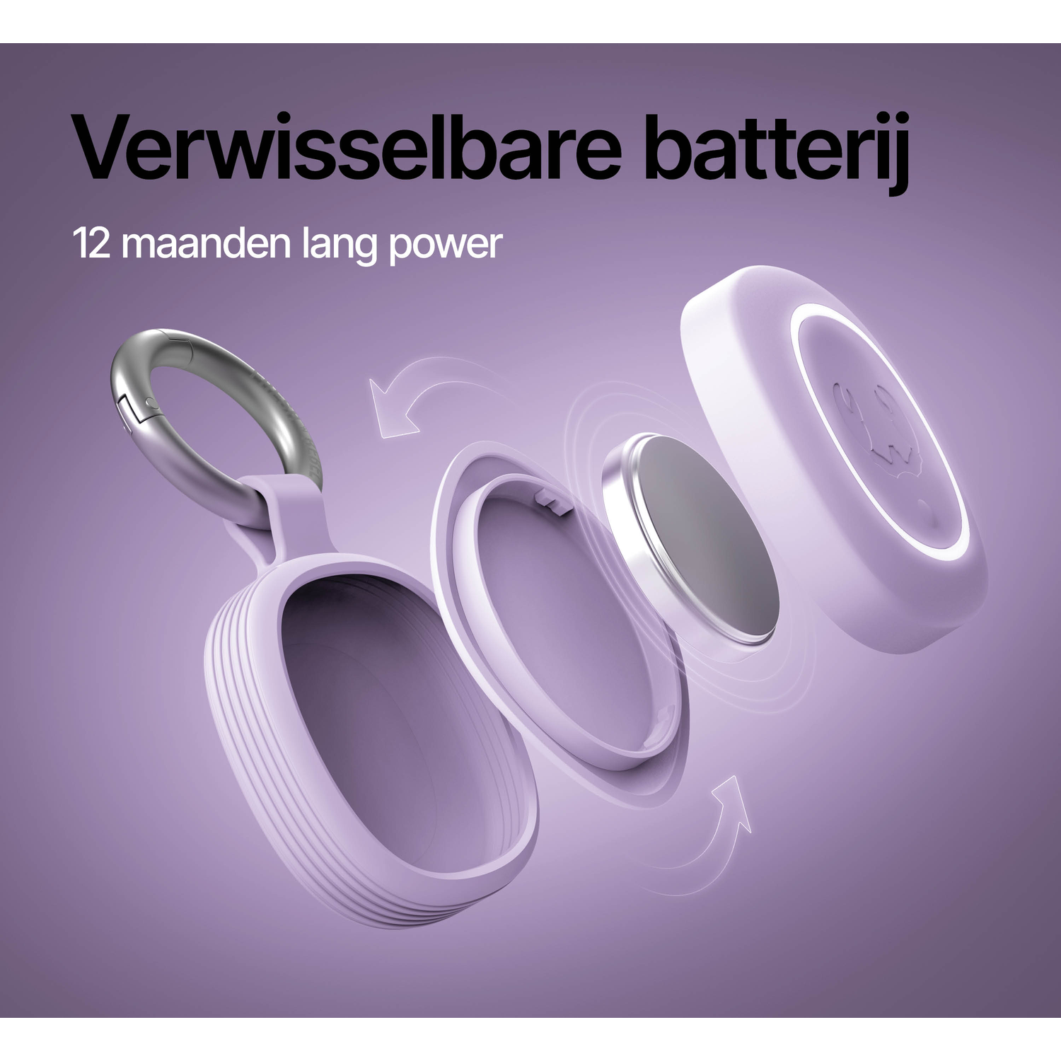 A purple casing with a silver ring, opening to reveal a coin cell battery.