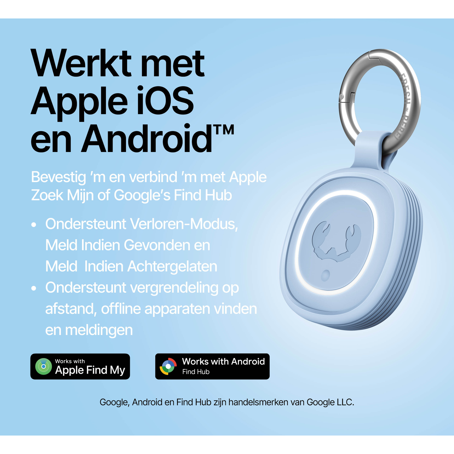 A light blue tracker device with a silver ring next to text about working with Apple & Android.